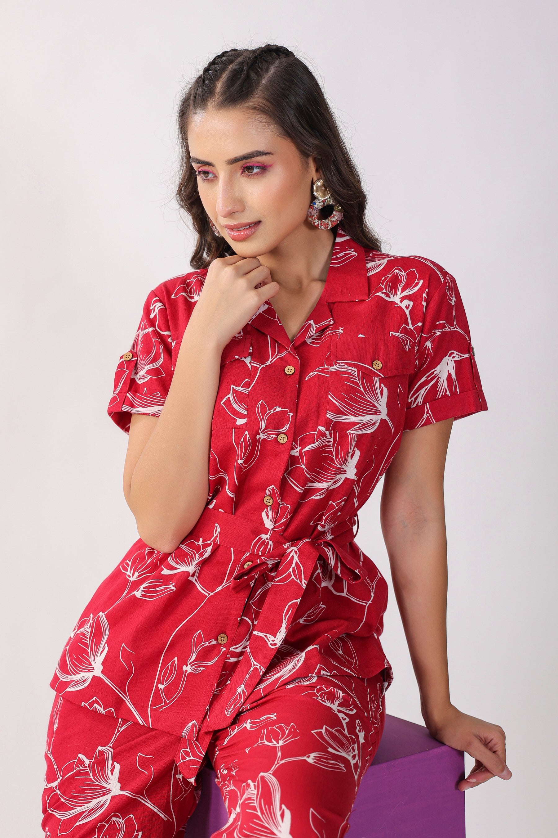 Flowing Jaal on Maroon Cotton Flex Loungewear Top Set