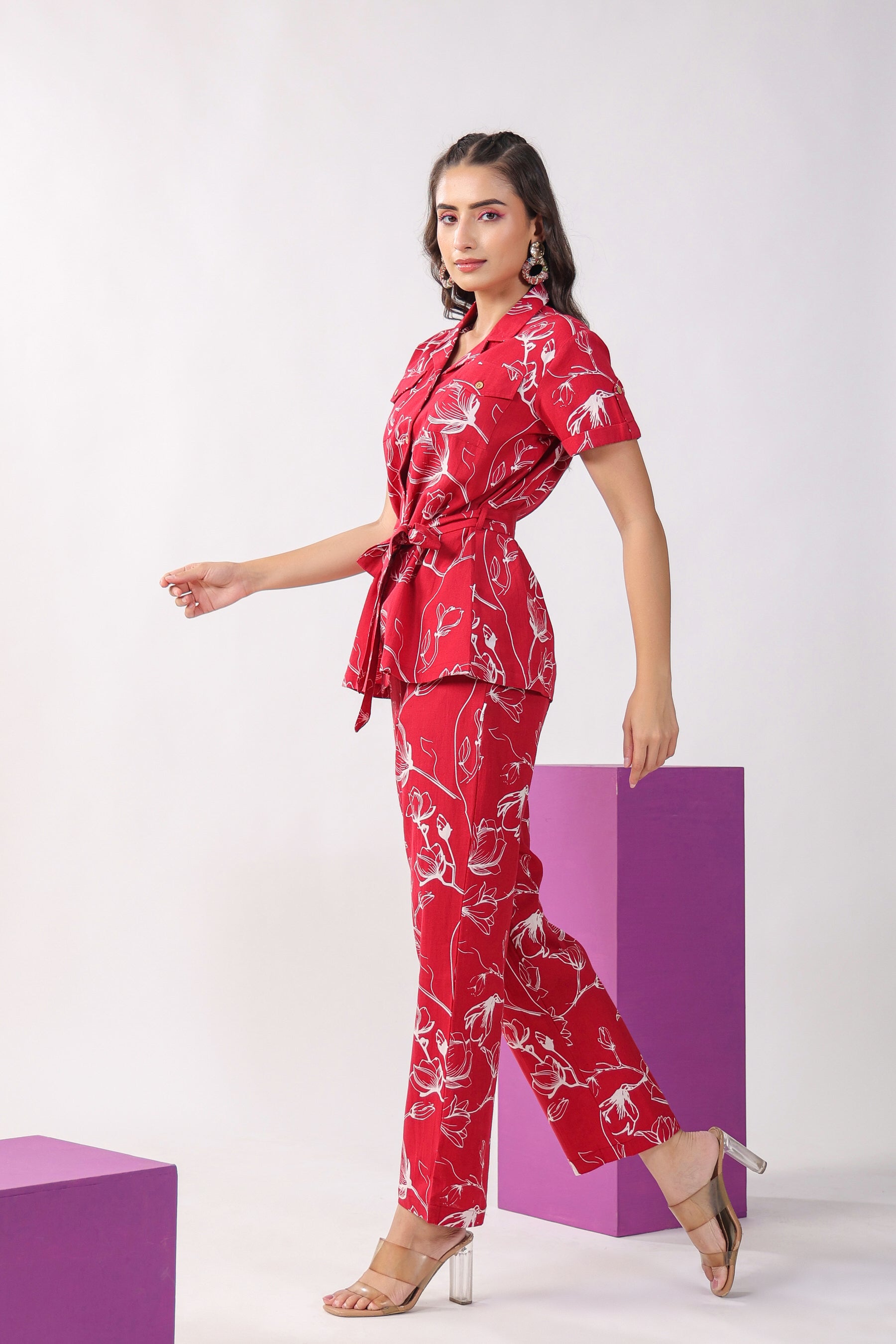 Flowing Jaal on Maroon Cotton Flex Loungewear Top Set