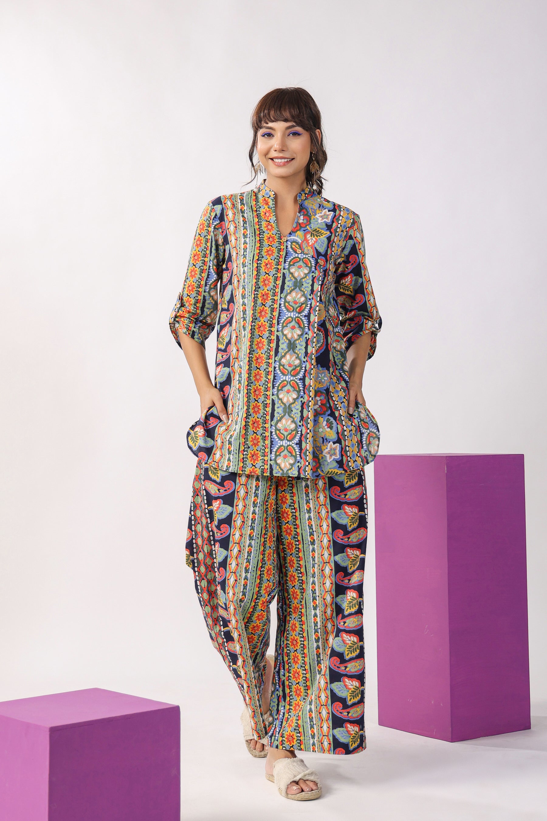 Traditional Paisley Motifs on Blue Cotton Co-ord Set