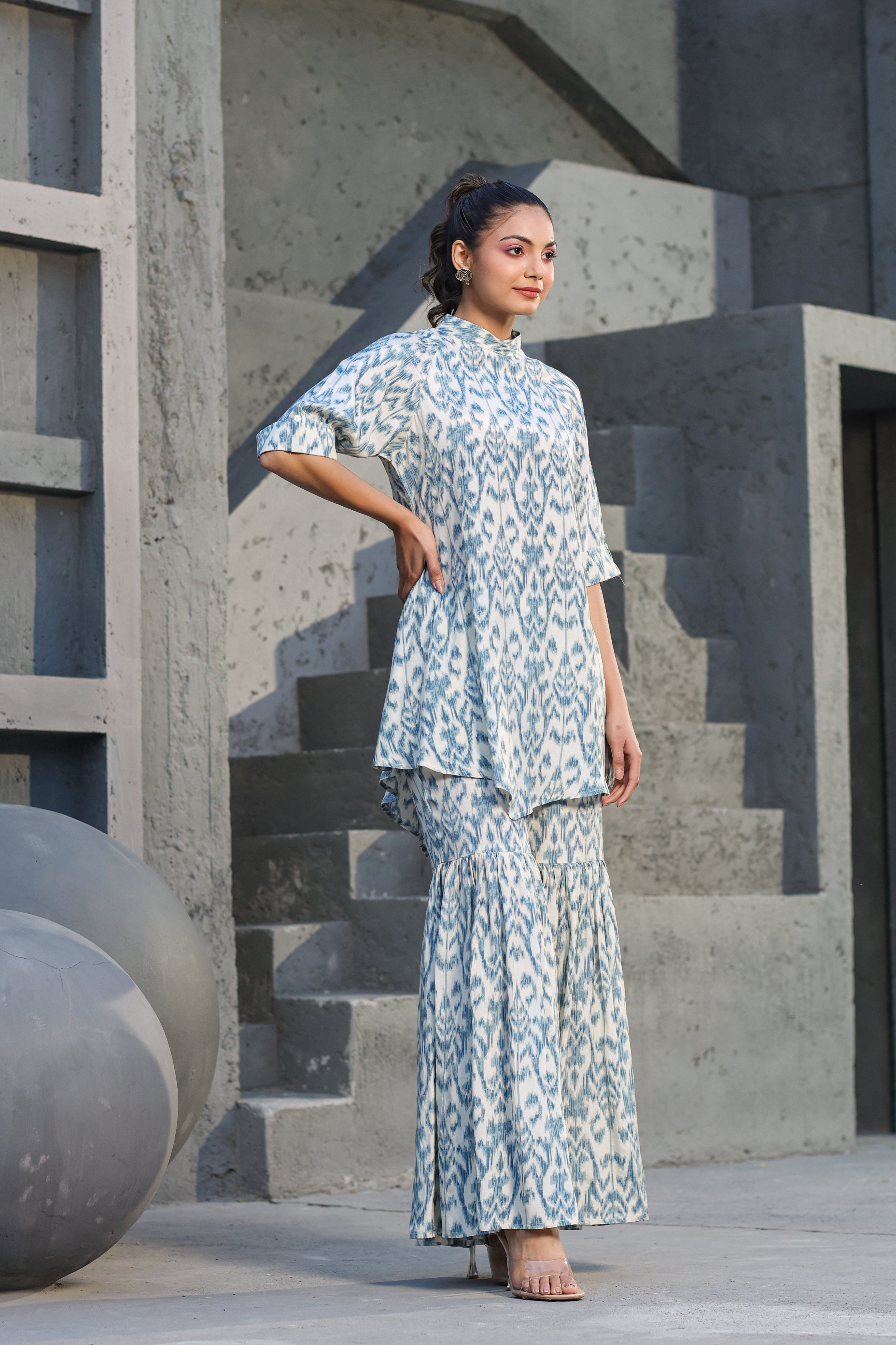 Blue Ikat on Russian Silk Sharara Co-ord Set