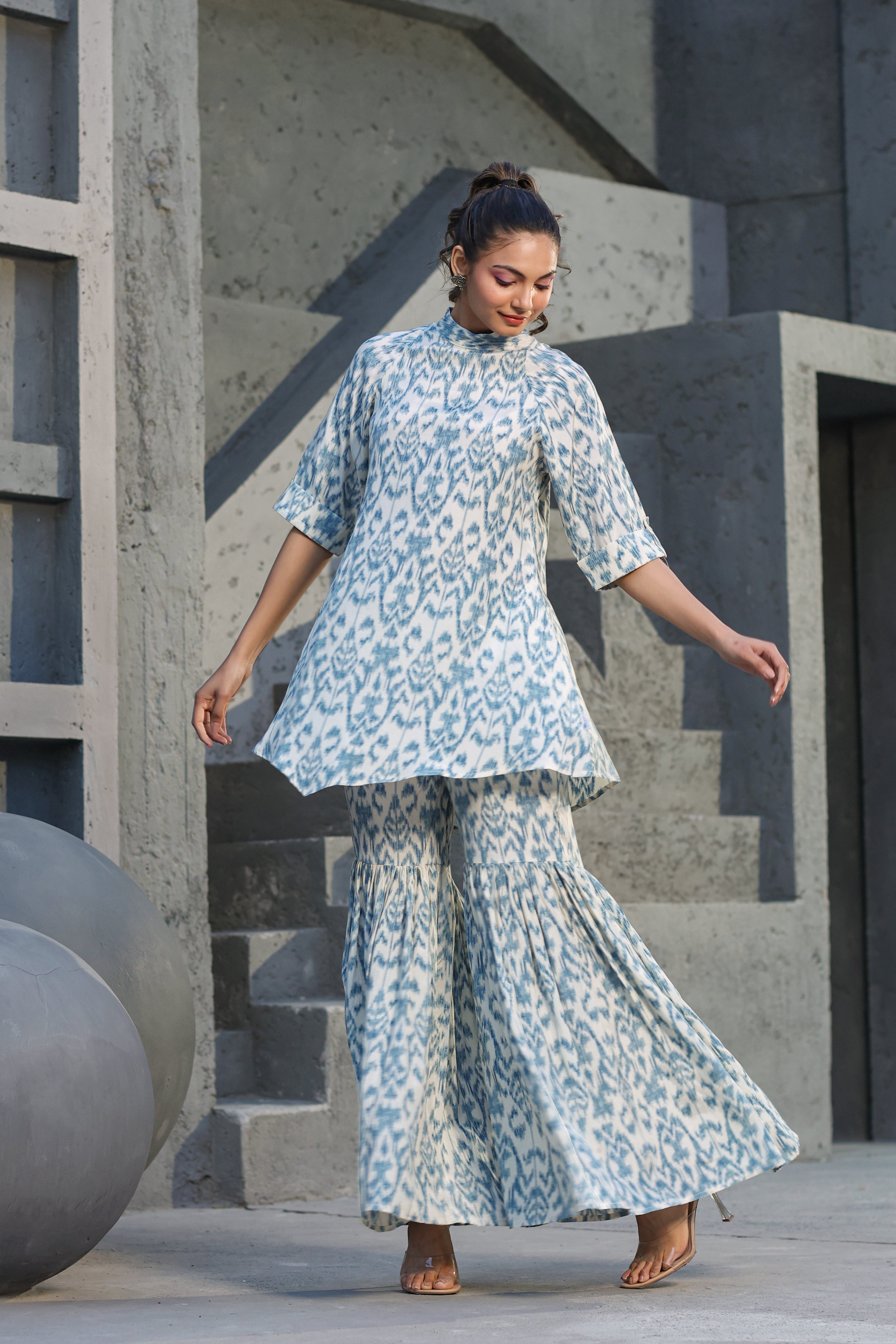 Blue Ikat on Russian Silk Sharara Co-ord Set