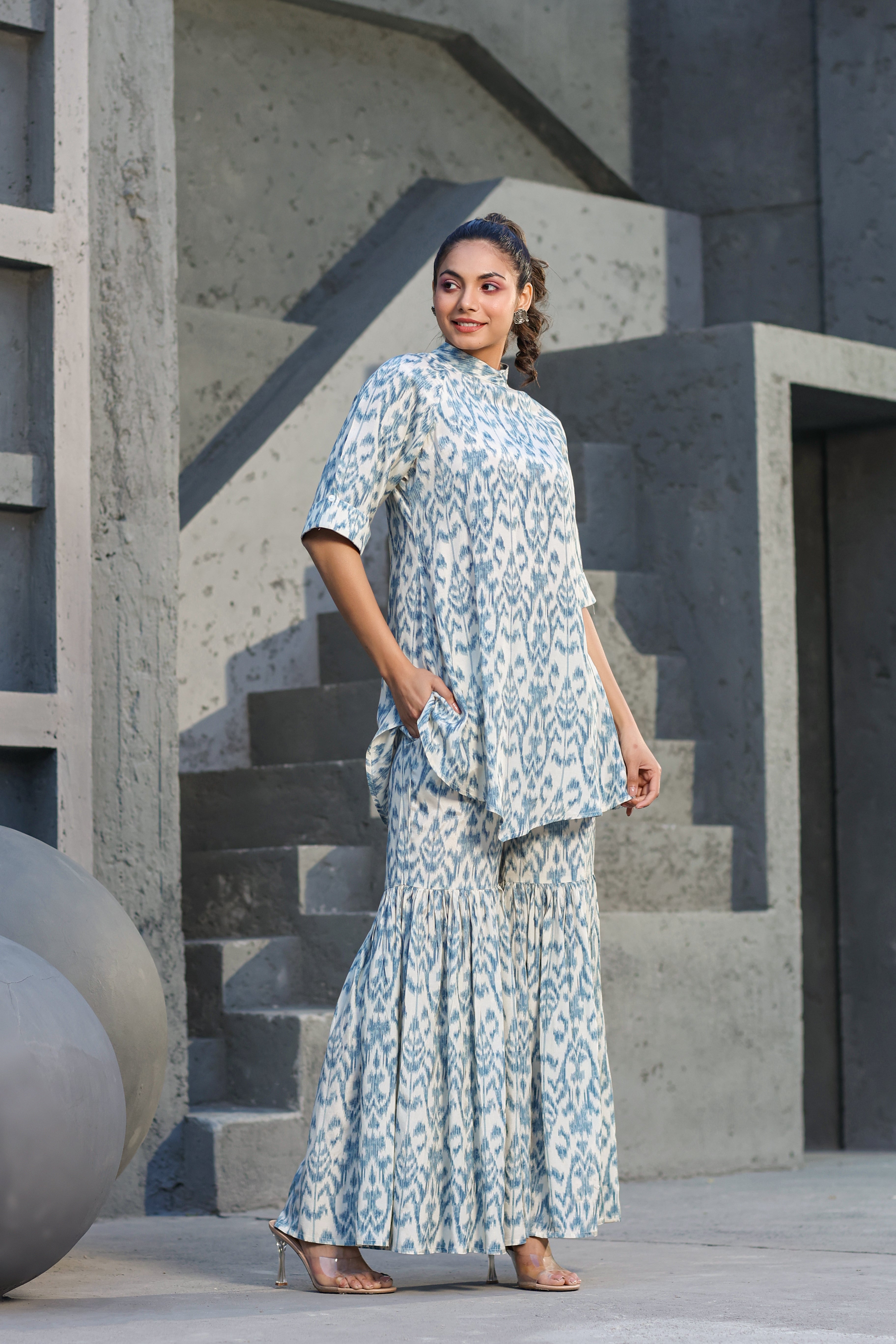 Blue Ikat on Russian Silk Sharara Co-ord Set