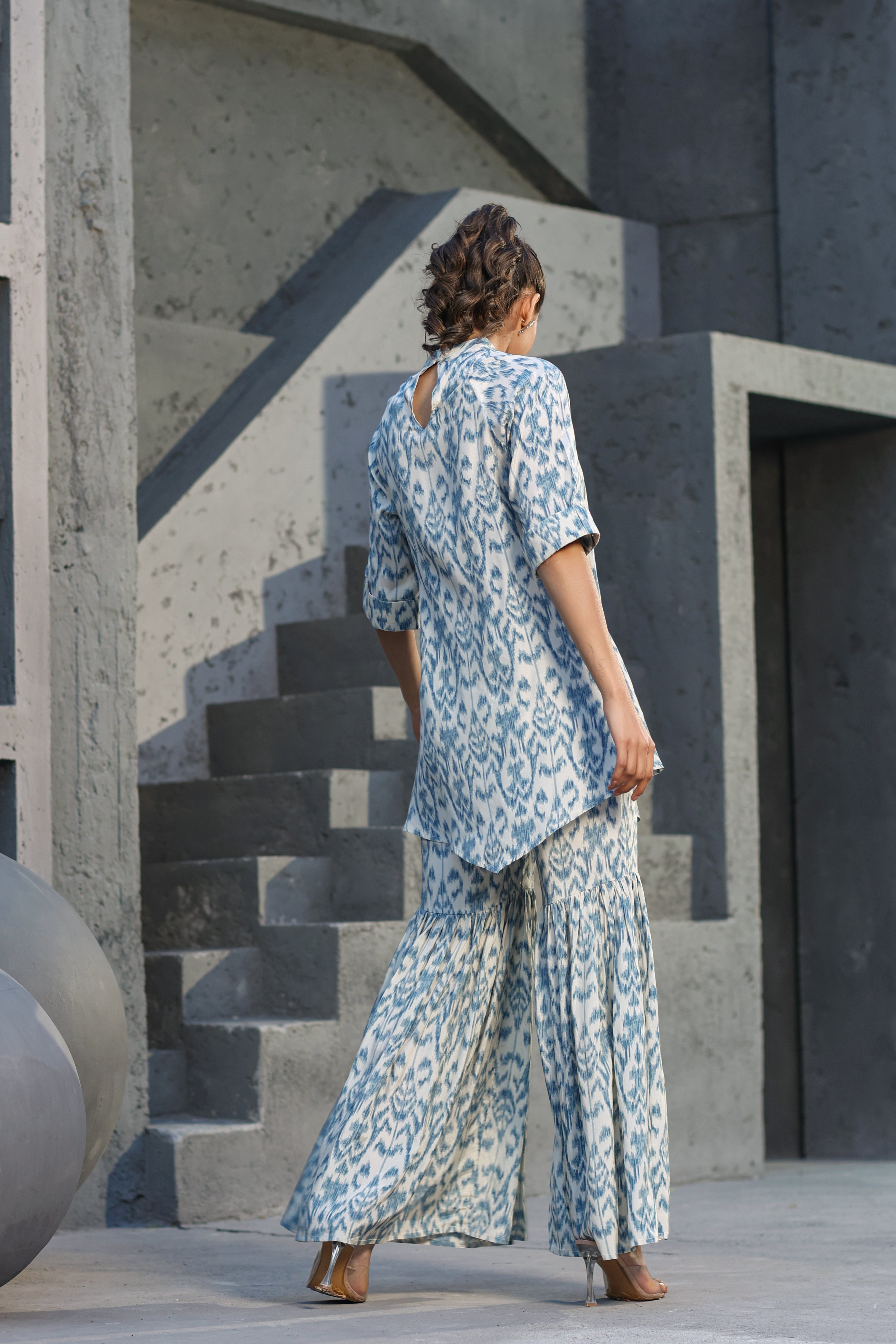 Blue Ikat on Russian Silk Sharara Co-ord Set