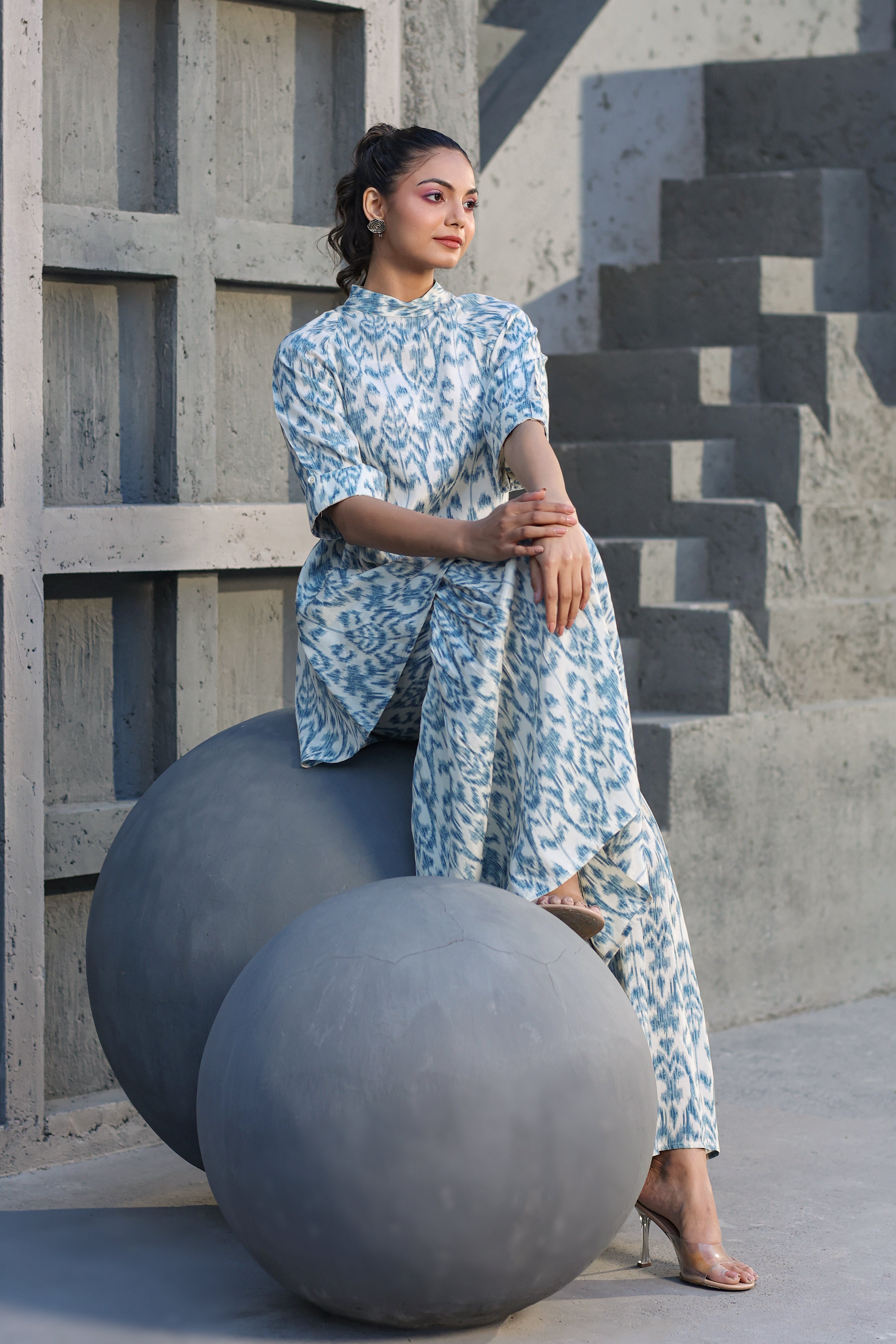 Blue Ikat on Russian Silk Sharara Co-ord Set