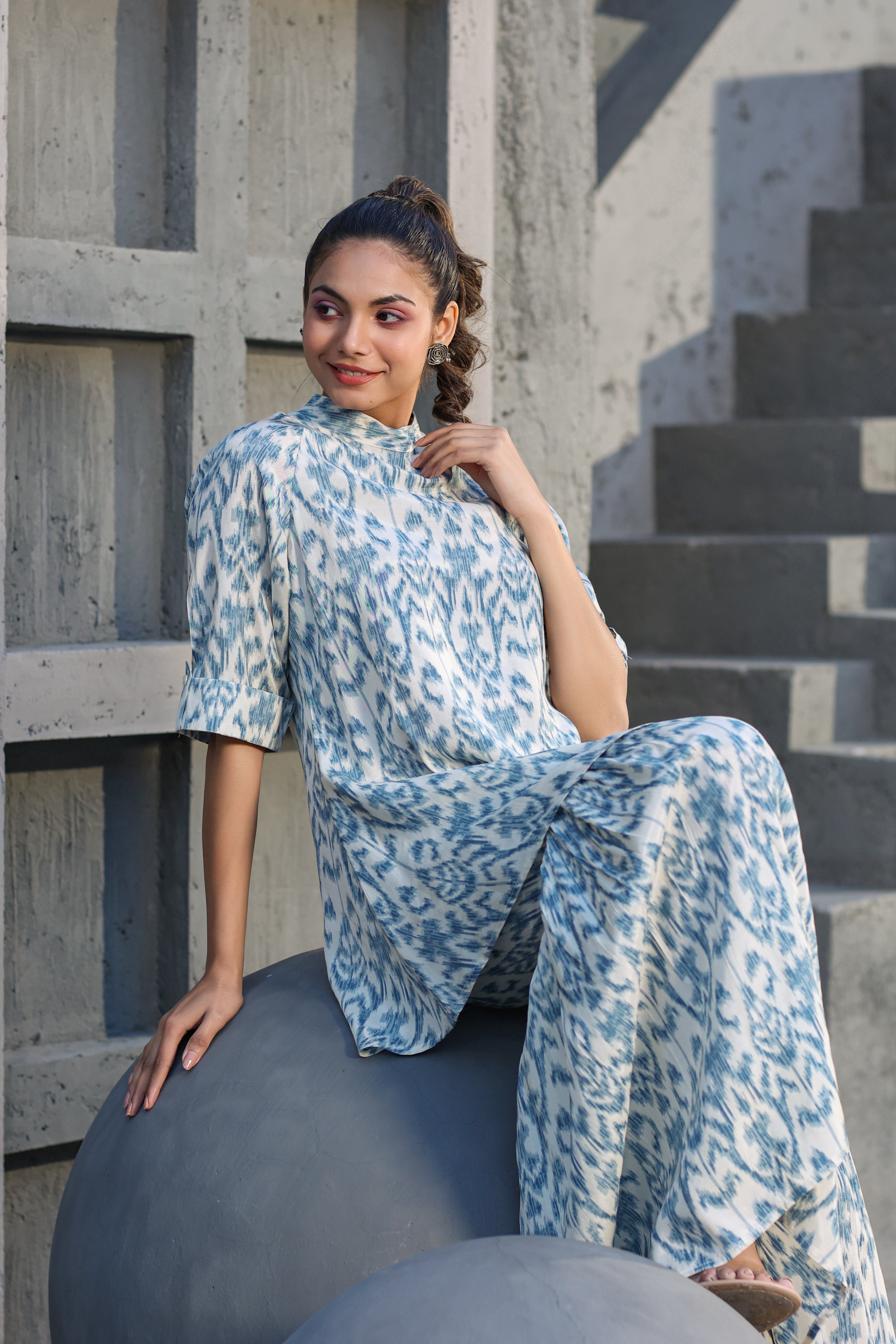 Blue Ikat on Russian Silk Sharara Co-ord Set