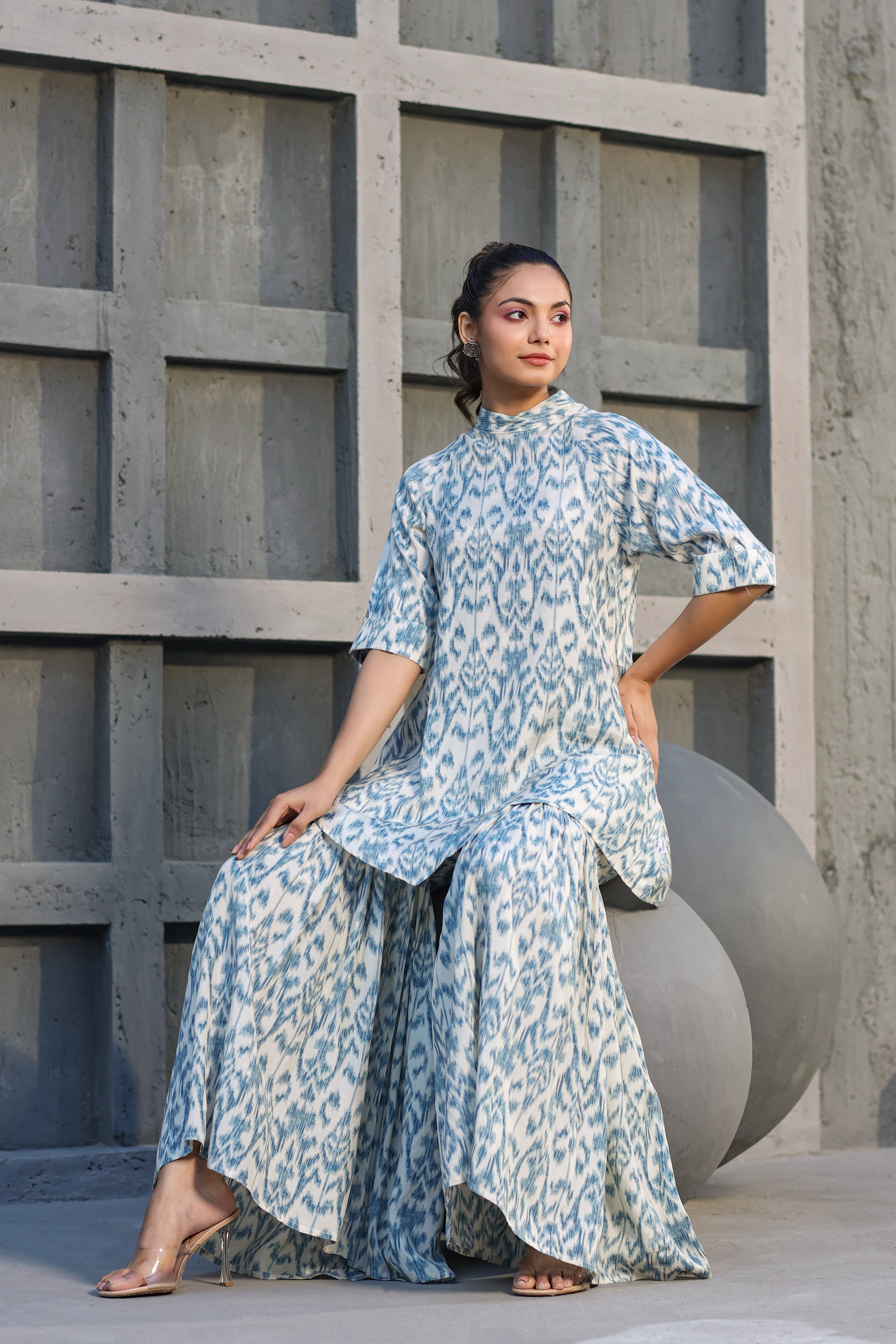 Blue Ikat on Russian Silk Sharara Co-ord Set