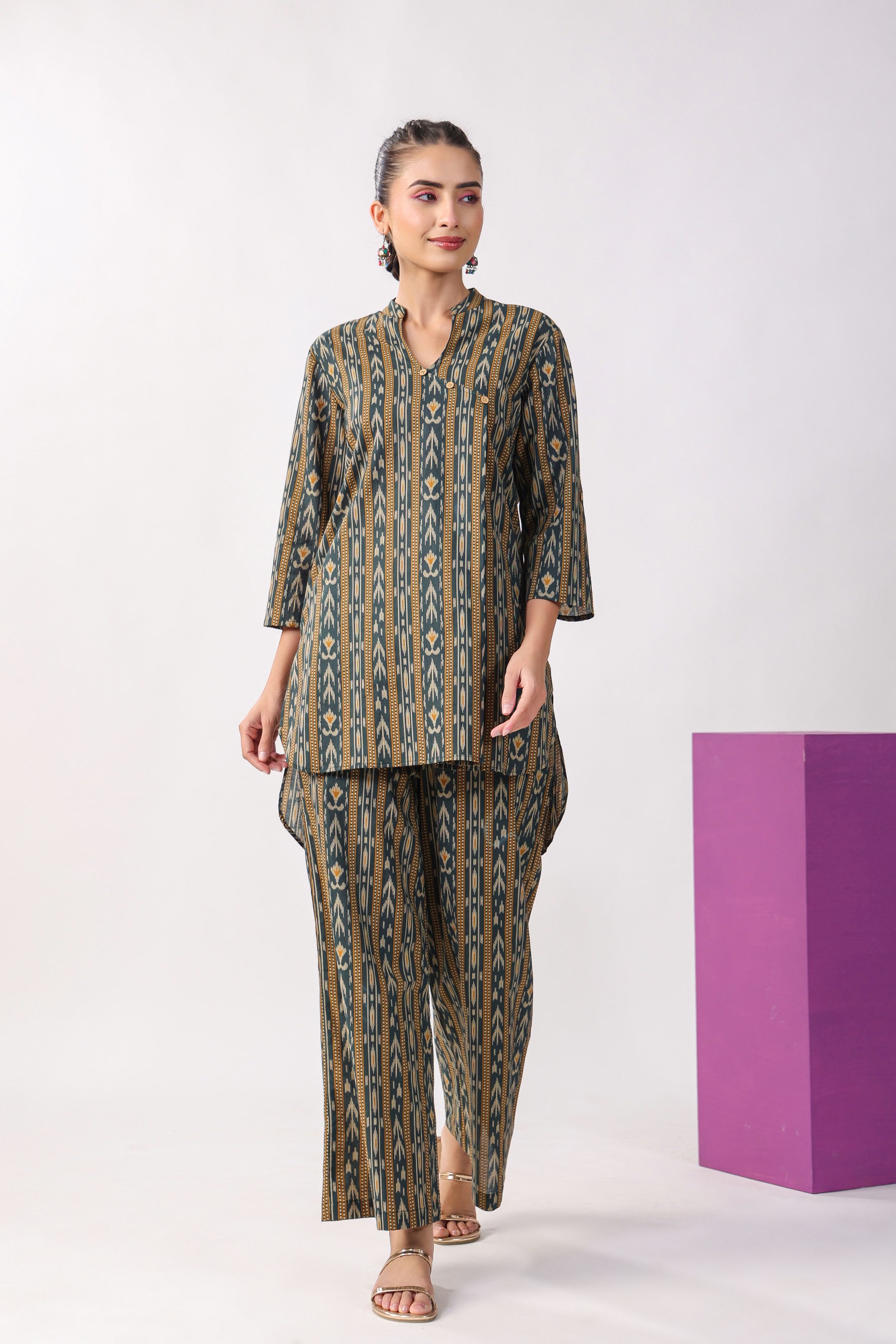 Ikat Stripes on Green Cotton Co-ord Set