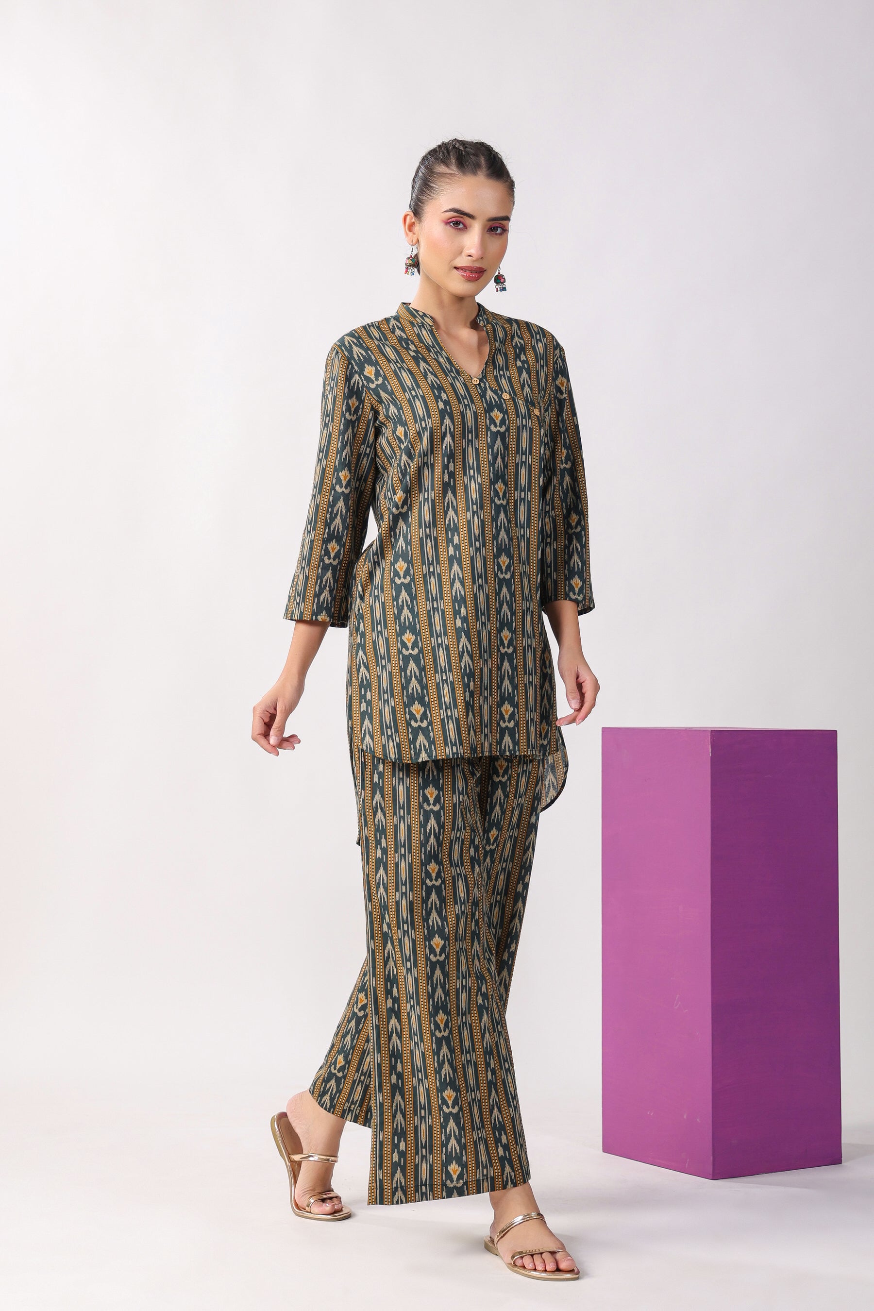 Ikat Stripes on Green Cotton Co-ord Set