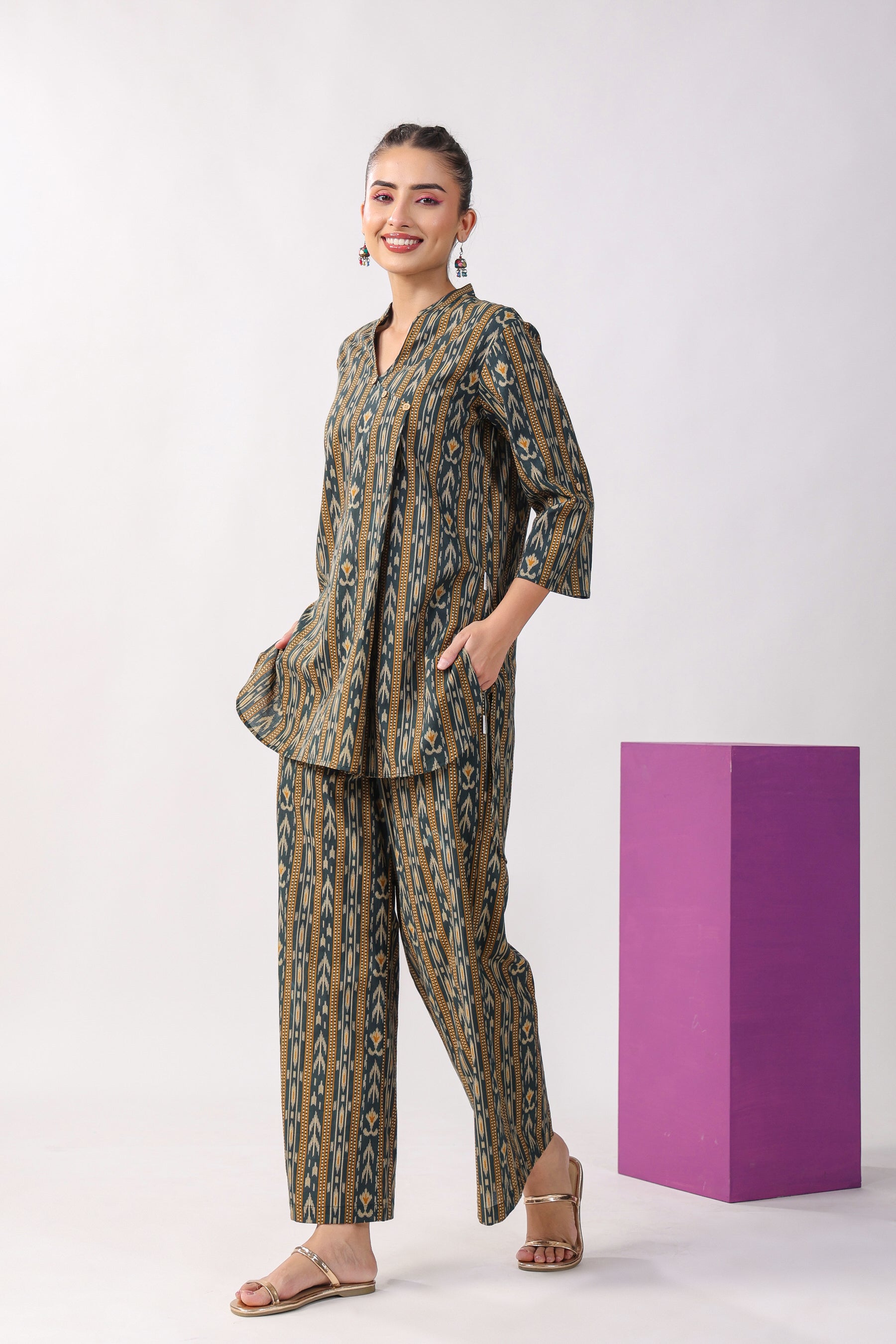 Ikat Stripes on Green Cotton Co-ord Set
