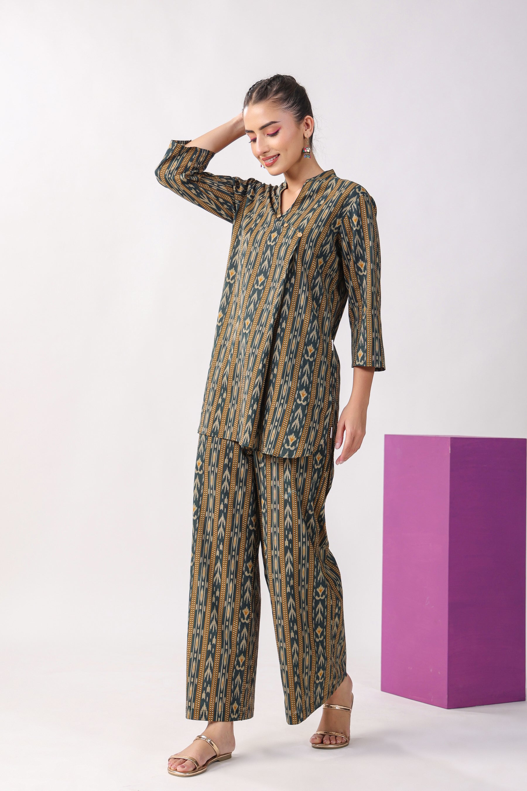 Ikat Stripes on Green Cotton Co-ord Set