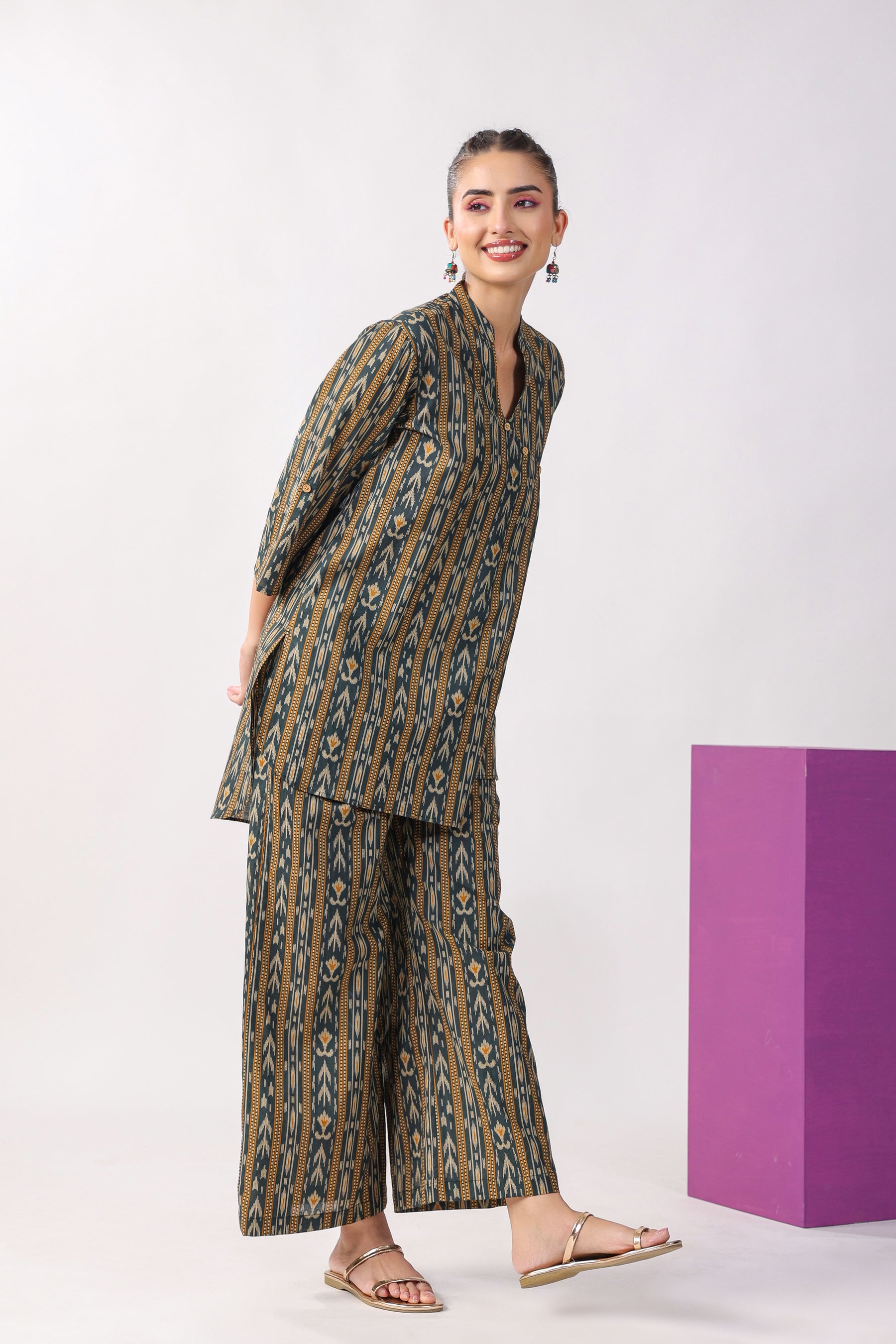 Ikat Stripes on Green Cotton Co-ord Set