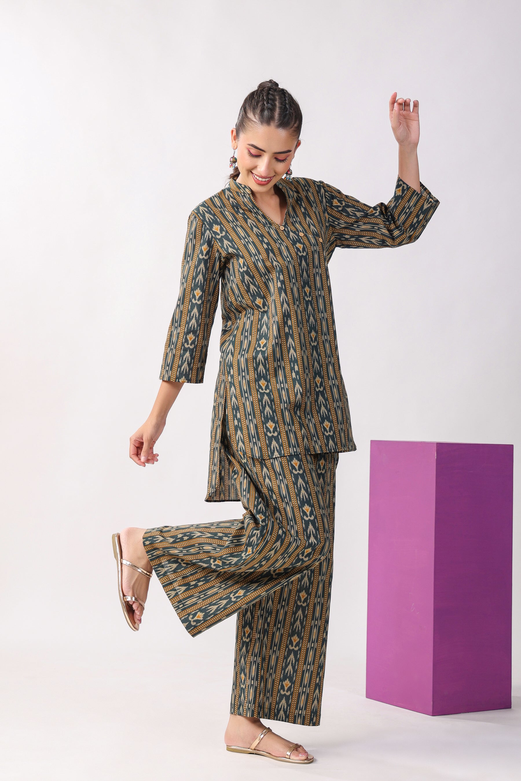Ikat Stripes on Green Cotton Co-ord Set
