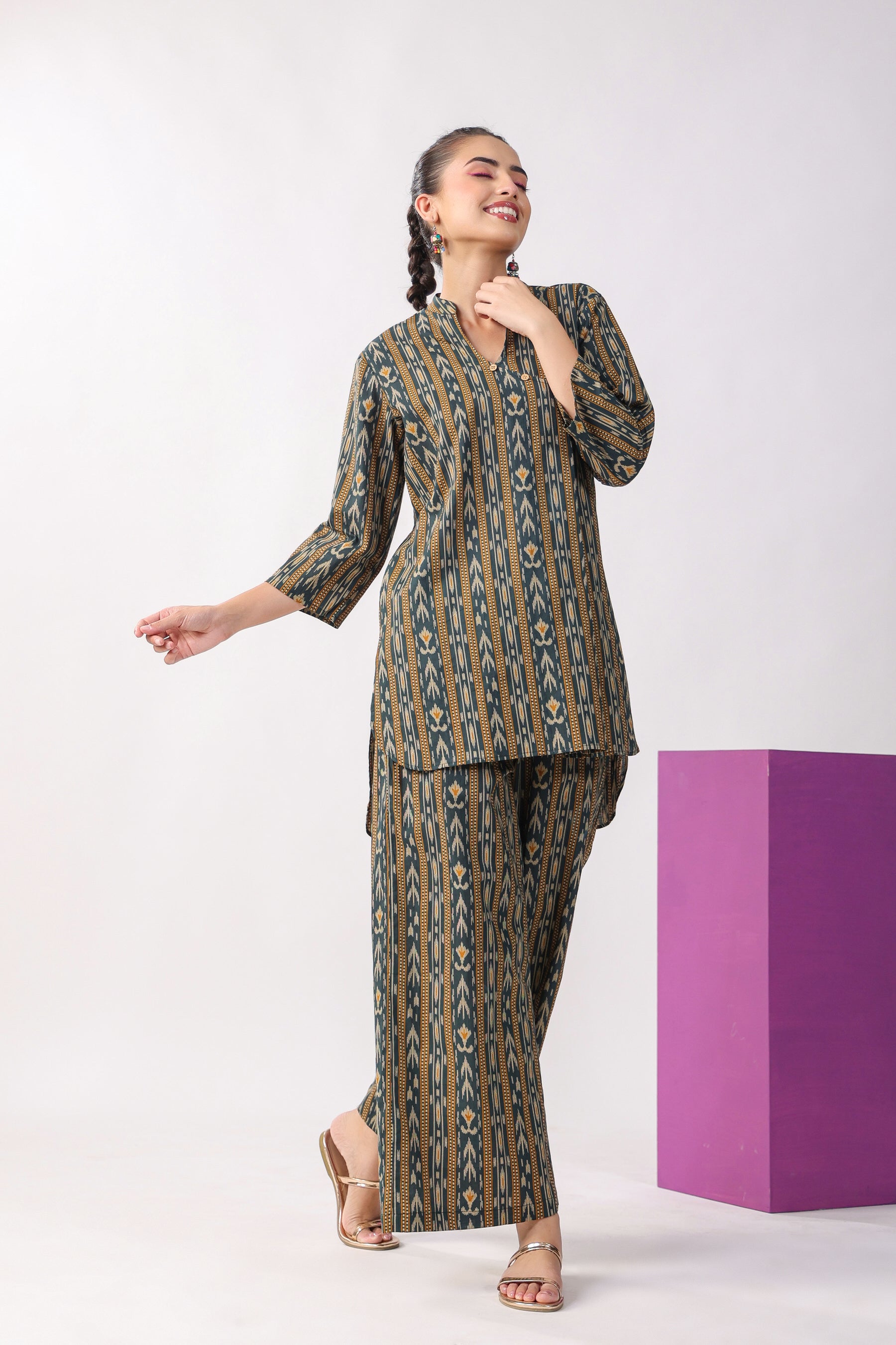 Ikat Stripes on Green Cotton Co-ord Set
