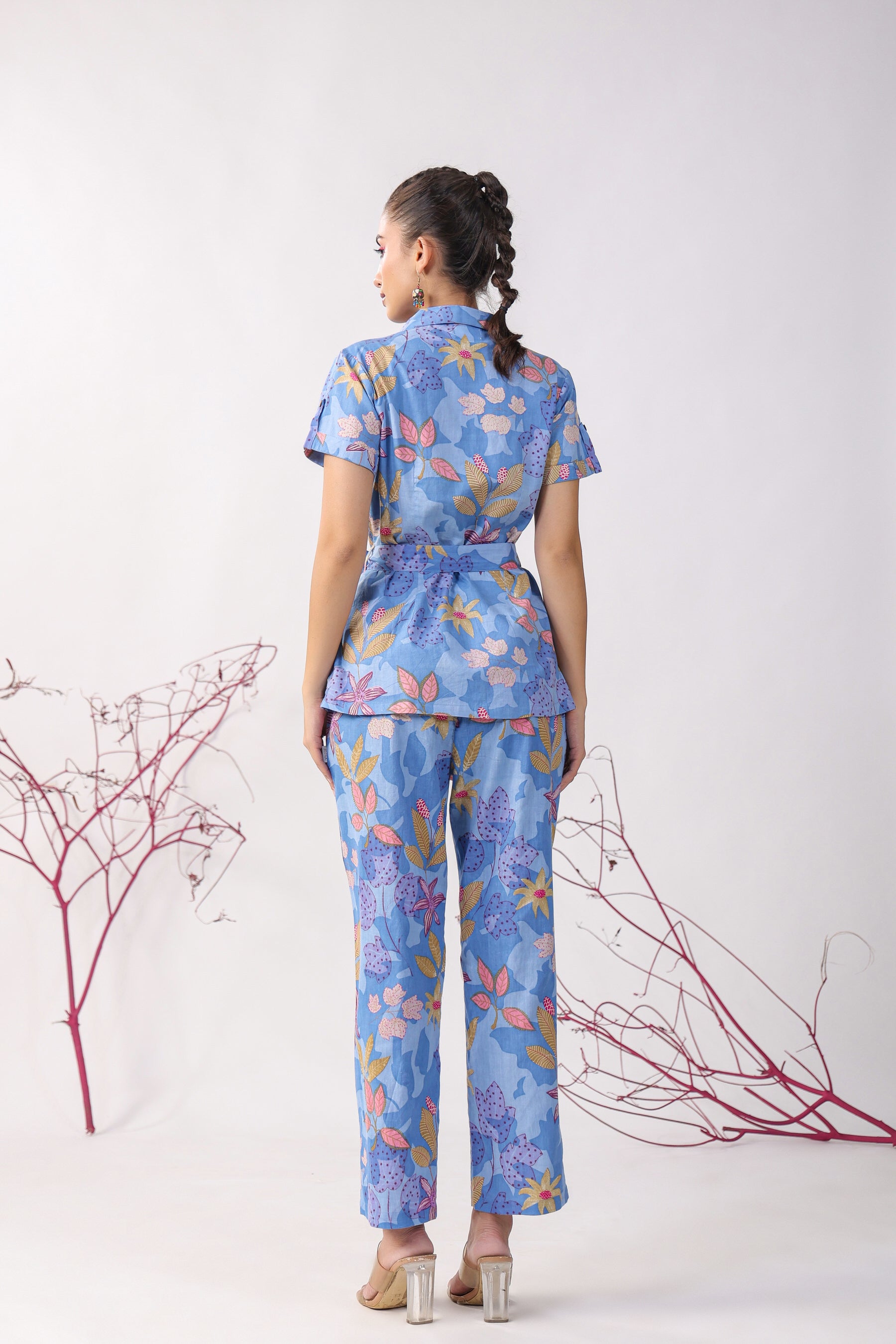 Flowers on Blue Cotton Loungewear Top Set