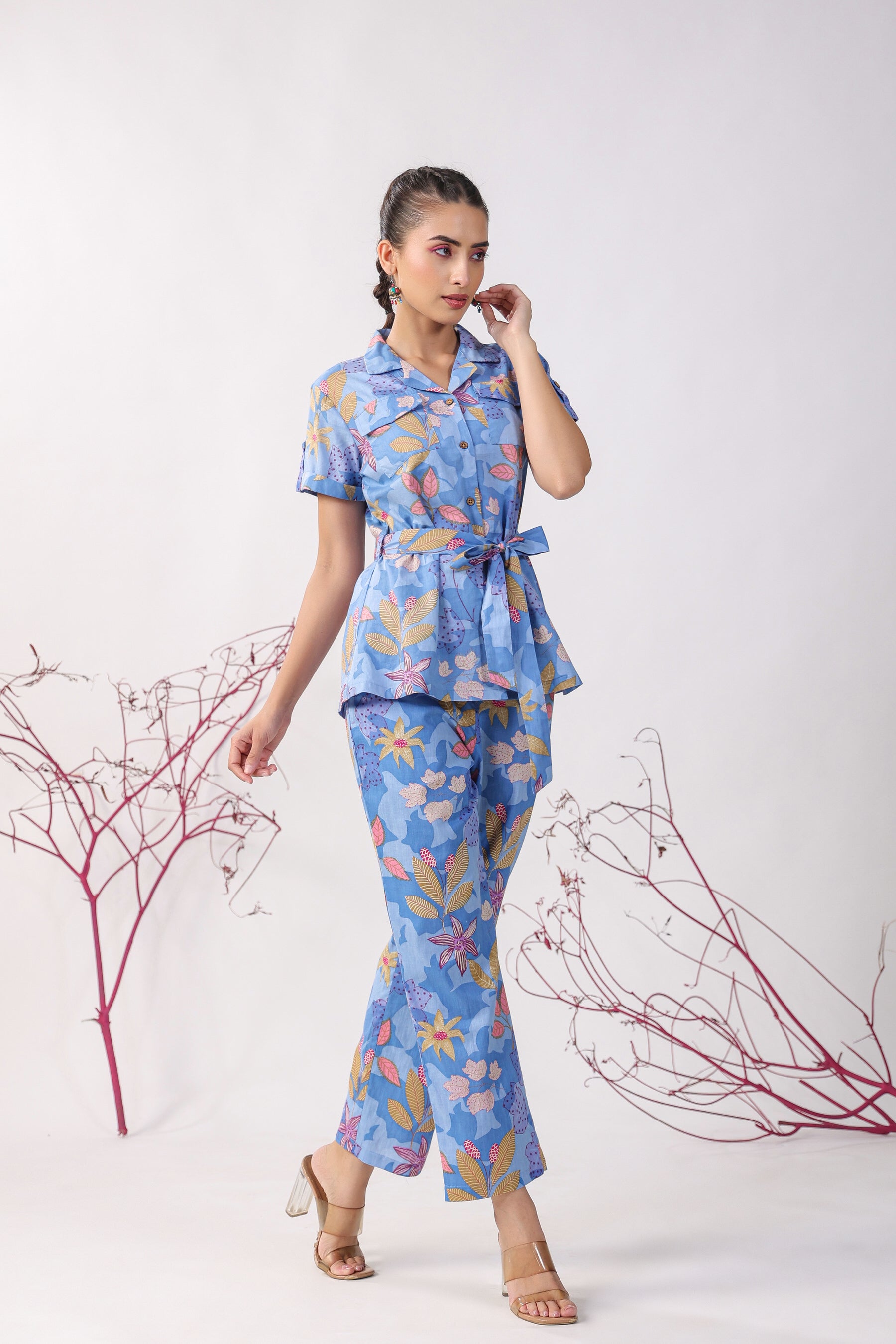 Flowers on Blue Cotton Loungewear Top Set
