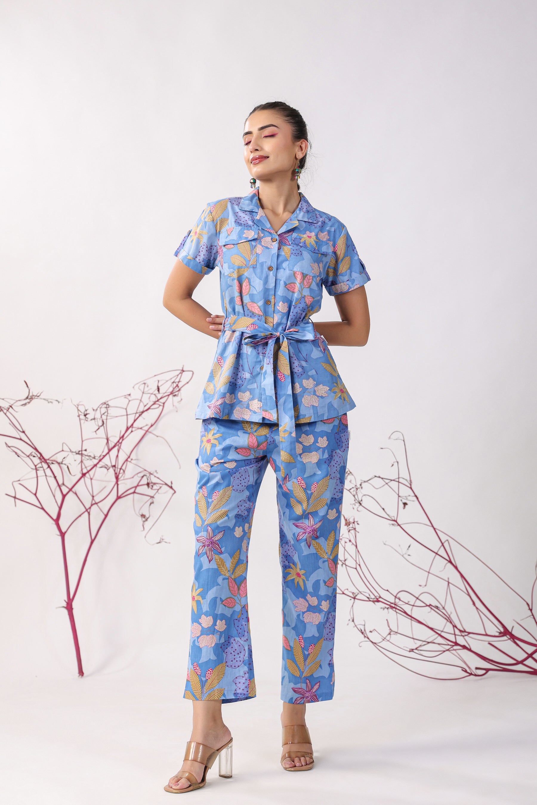 Flowers on Blue Cotton Loungewear Top Set