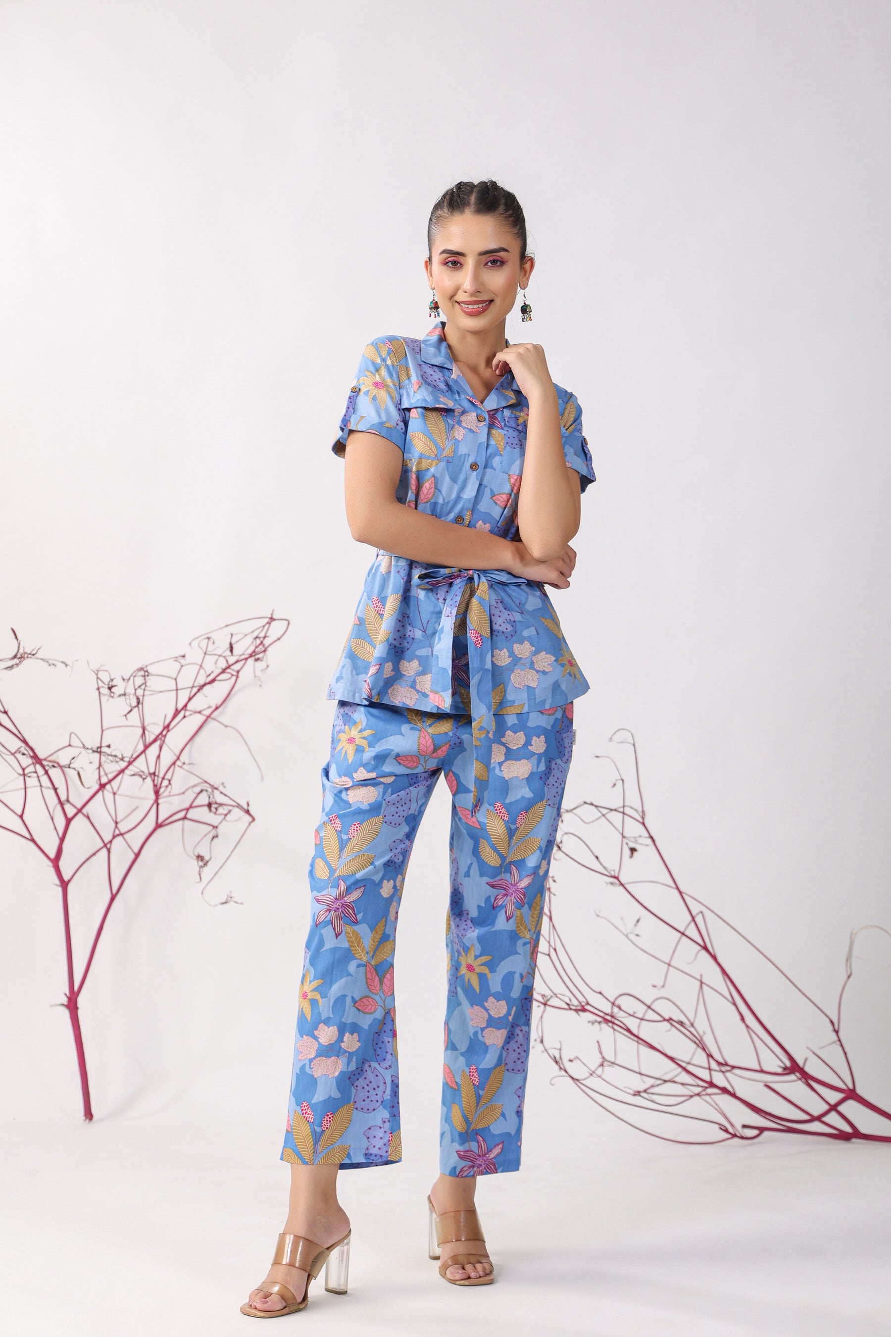 Flowers on Blue Cotton Loungewear Top Set