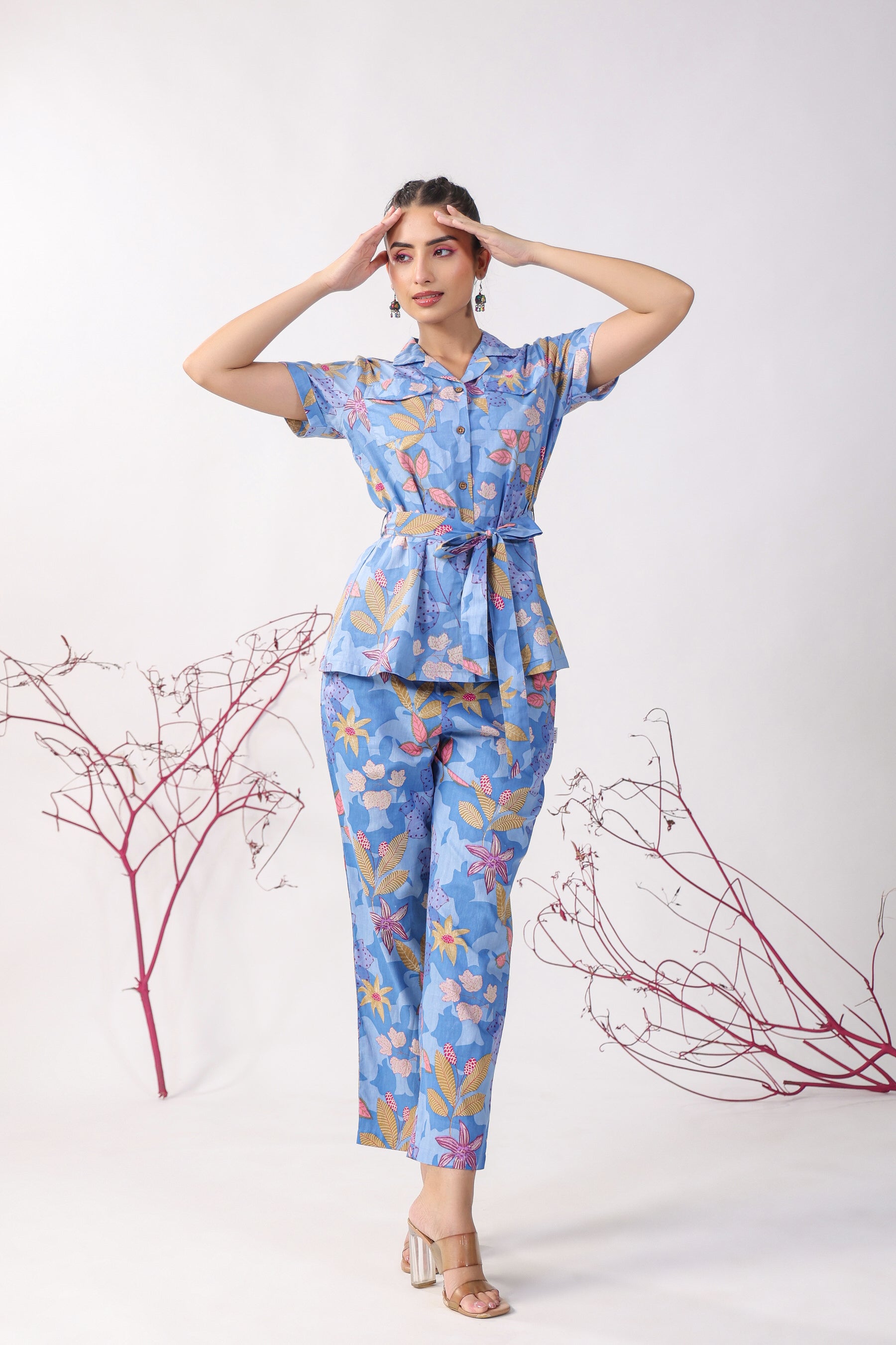 Flowers on Blue Cotton Loungewear Top Set