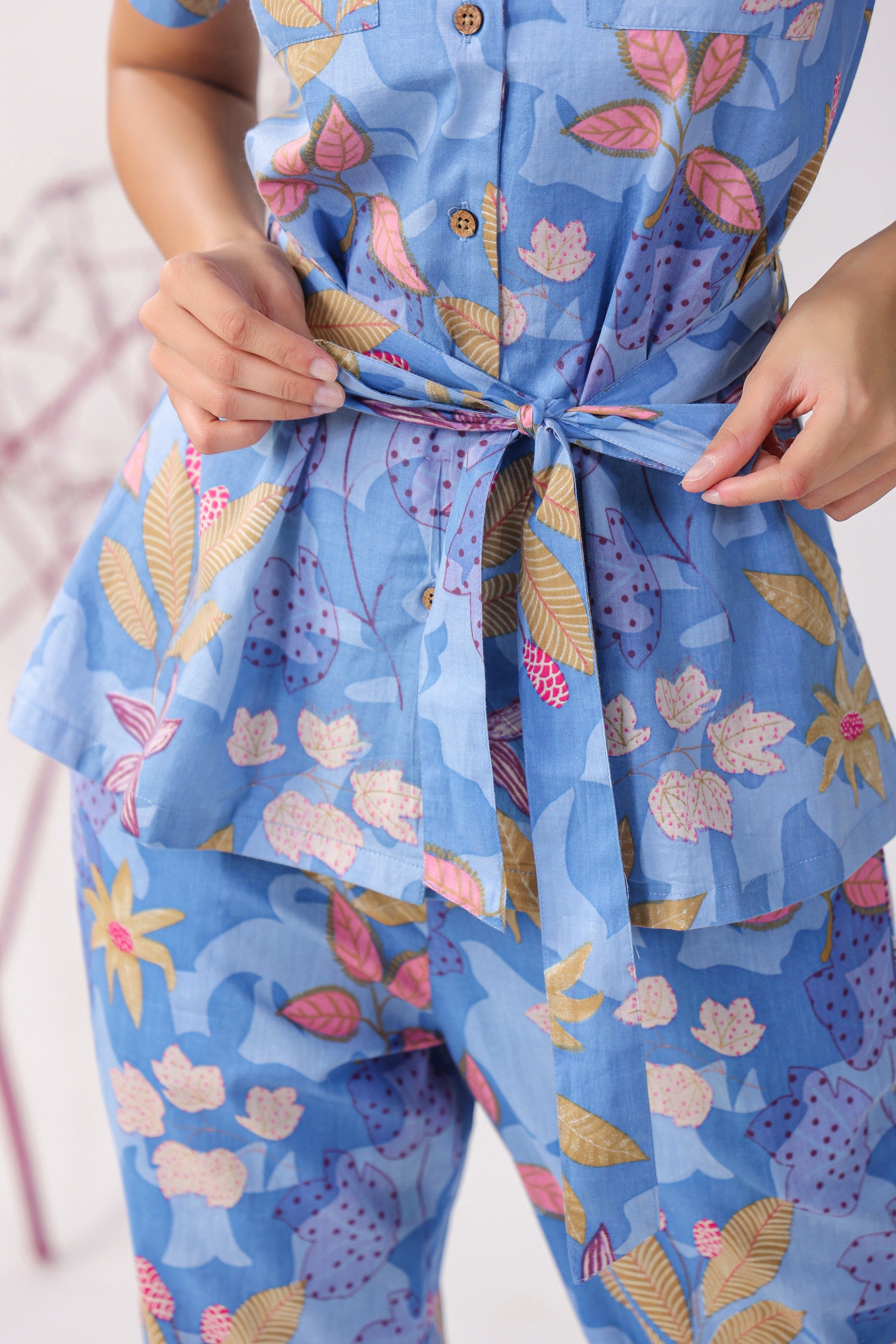 Flowers on Blue Cotton Loungewear Top Set