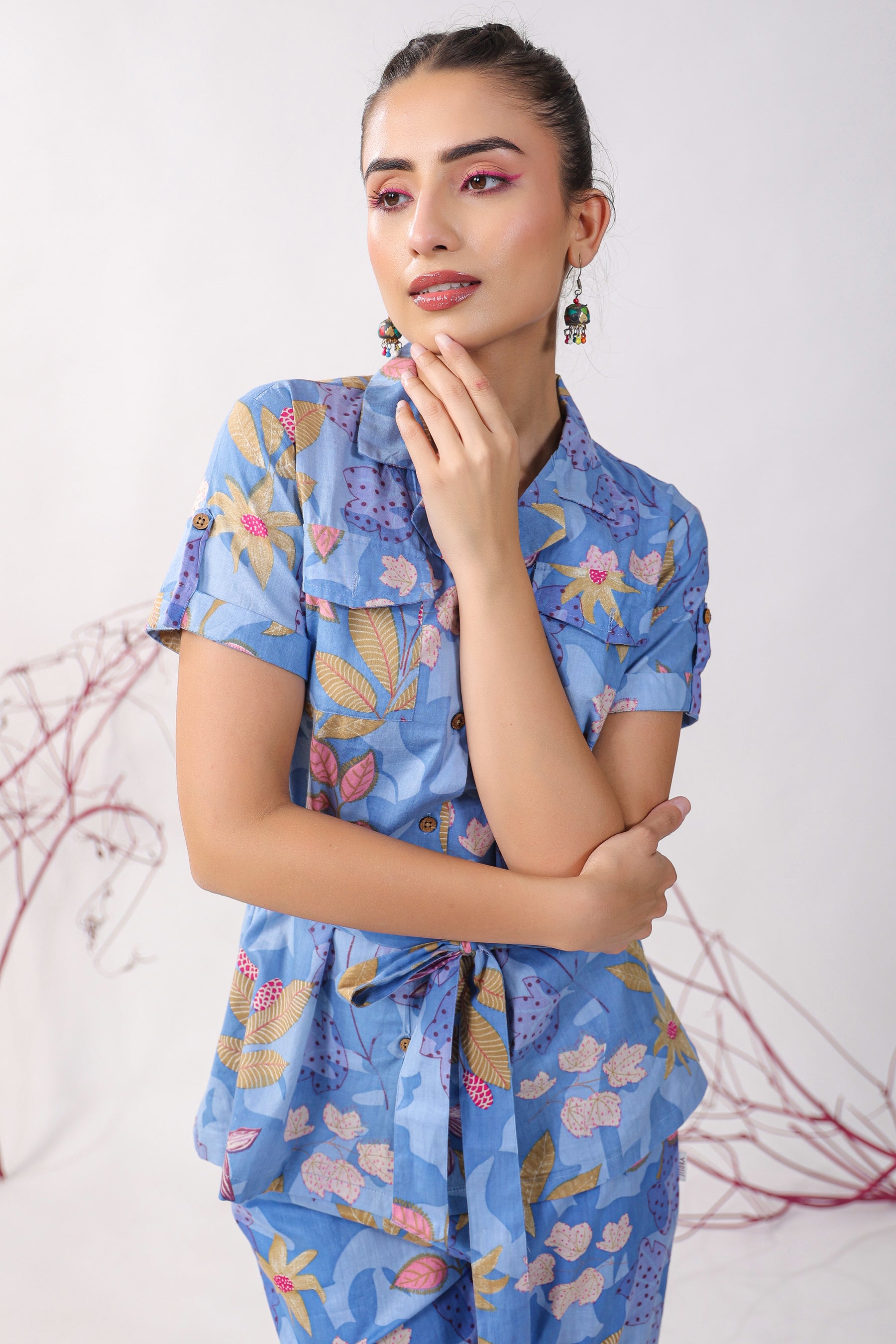 Flowers on Blue Cotton Loungewear Top Set