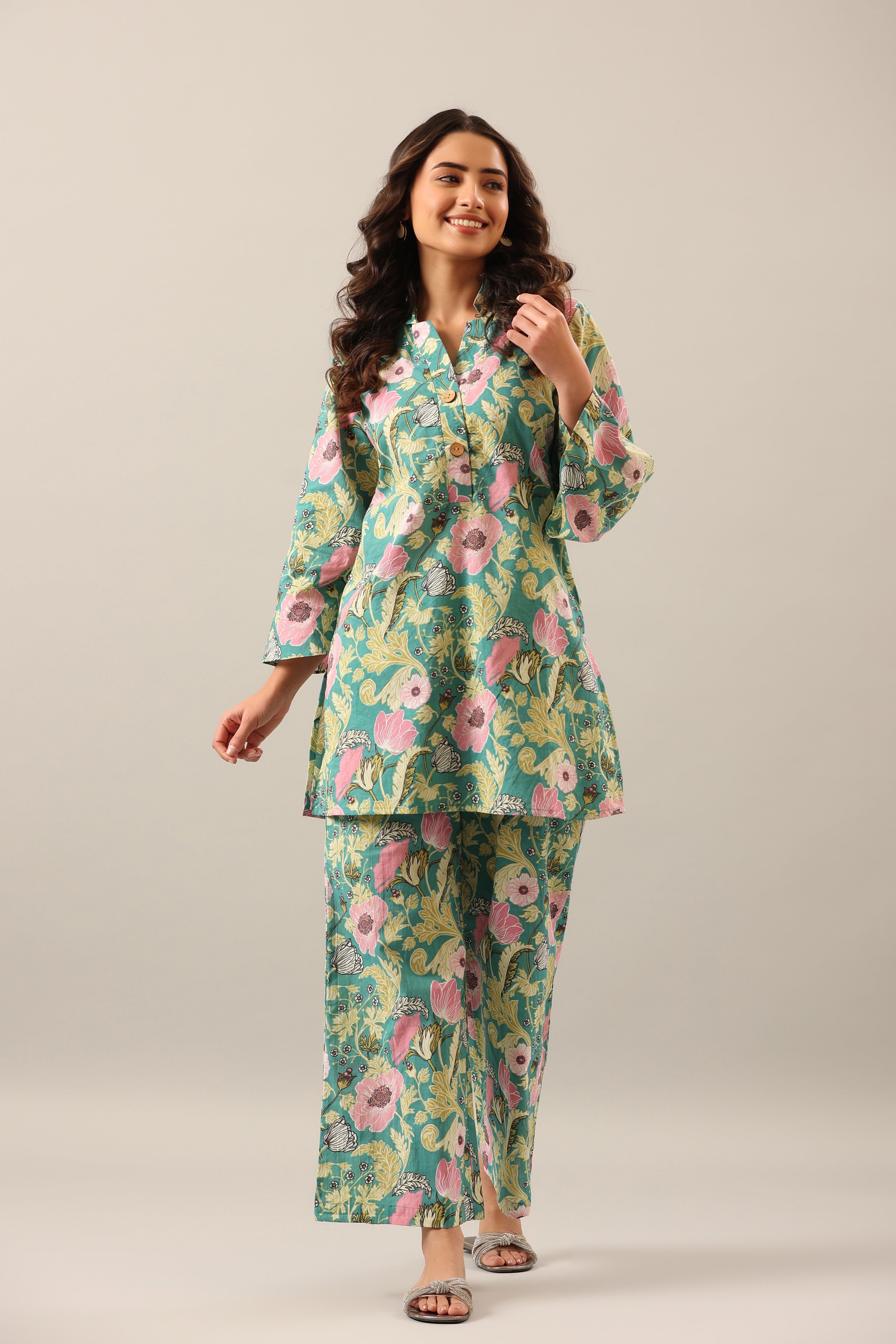 Dandelion Jaal on Green Cotton Palazzo Loungewear Set