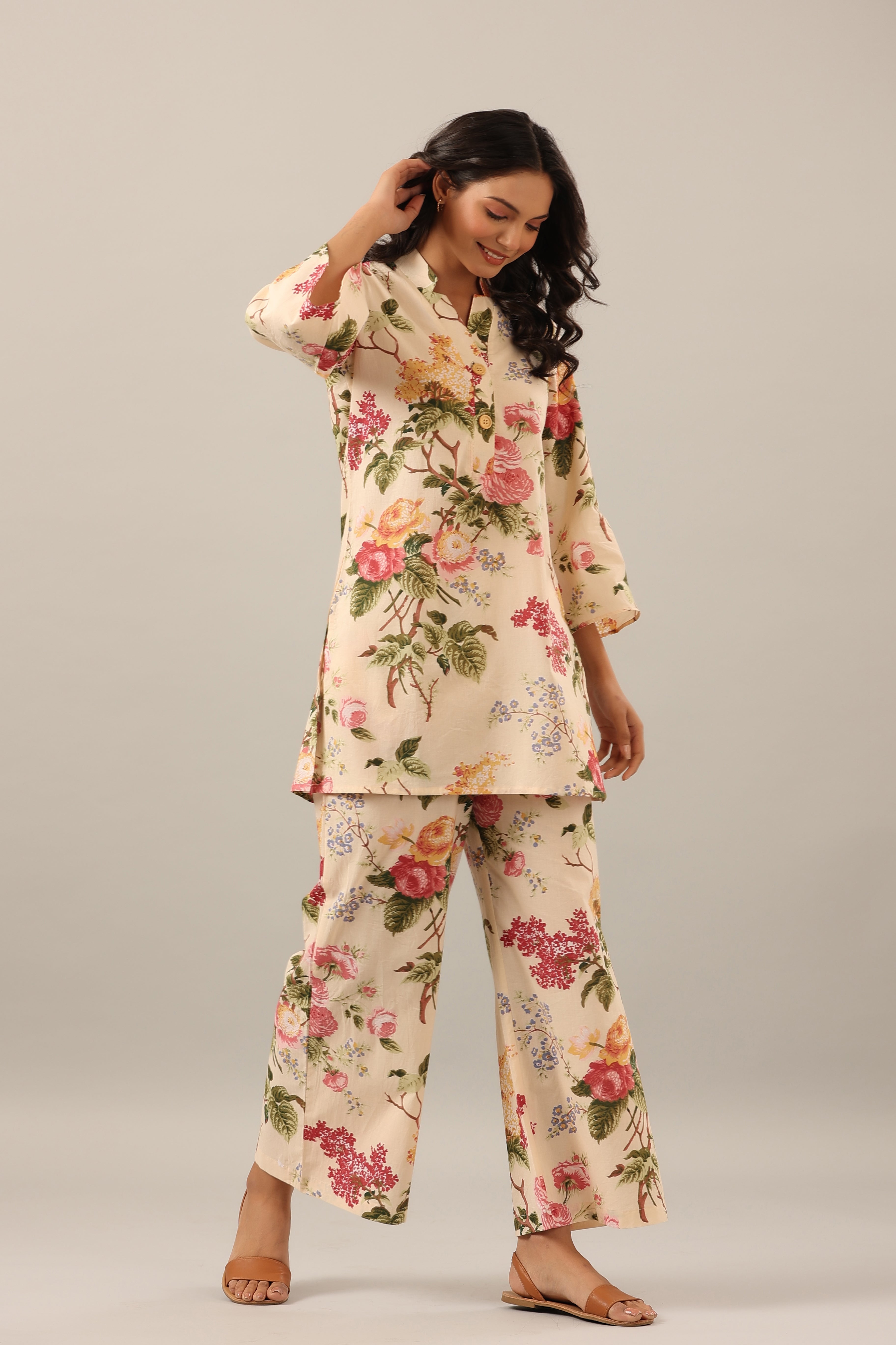 Floral jaal on Beige Cotton Palazzo Loungewear Set