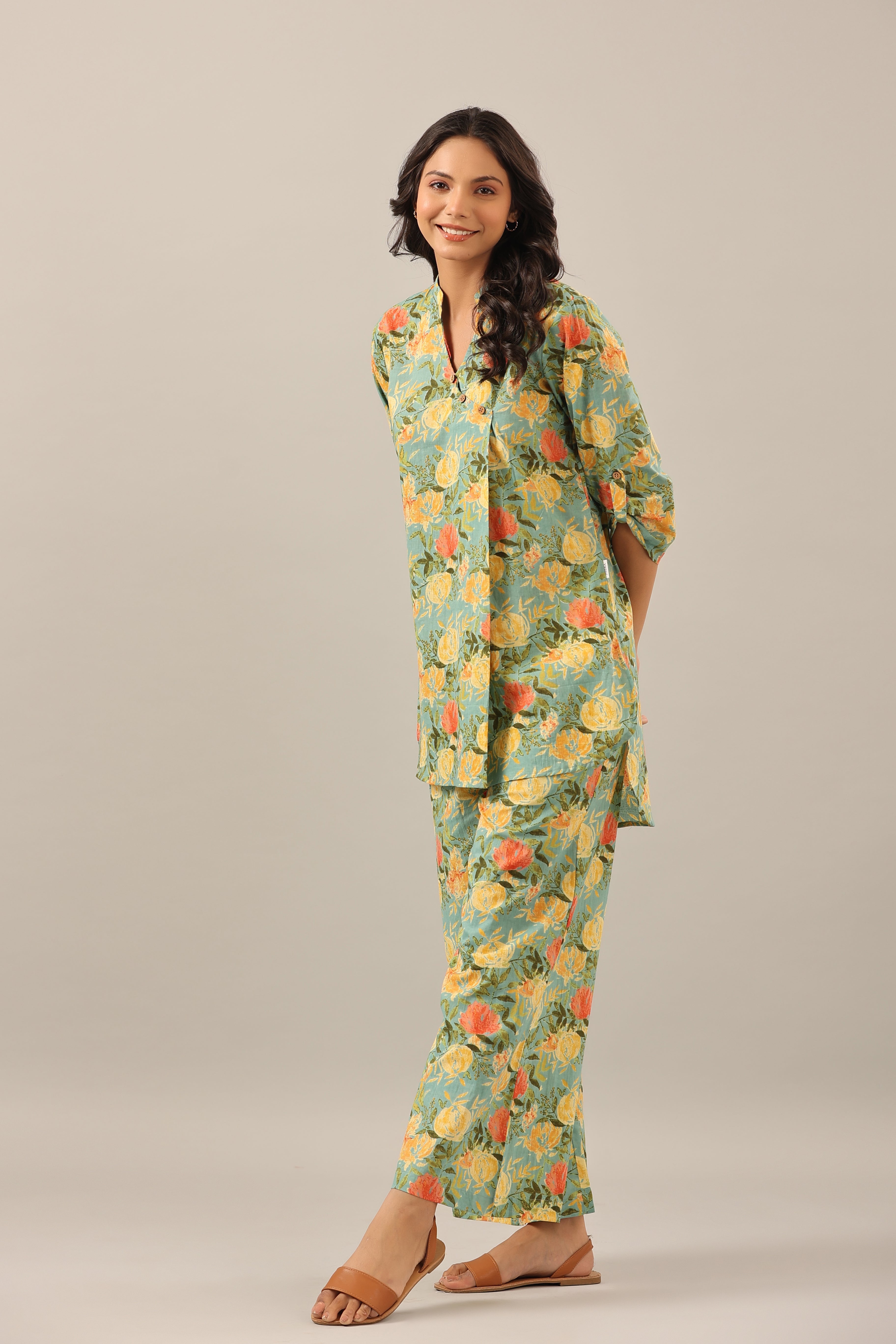 Yellow Jaal on Green Lounge Cotton Co-ord Set