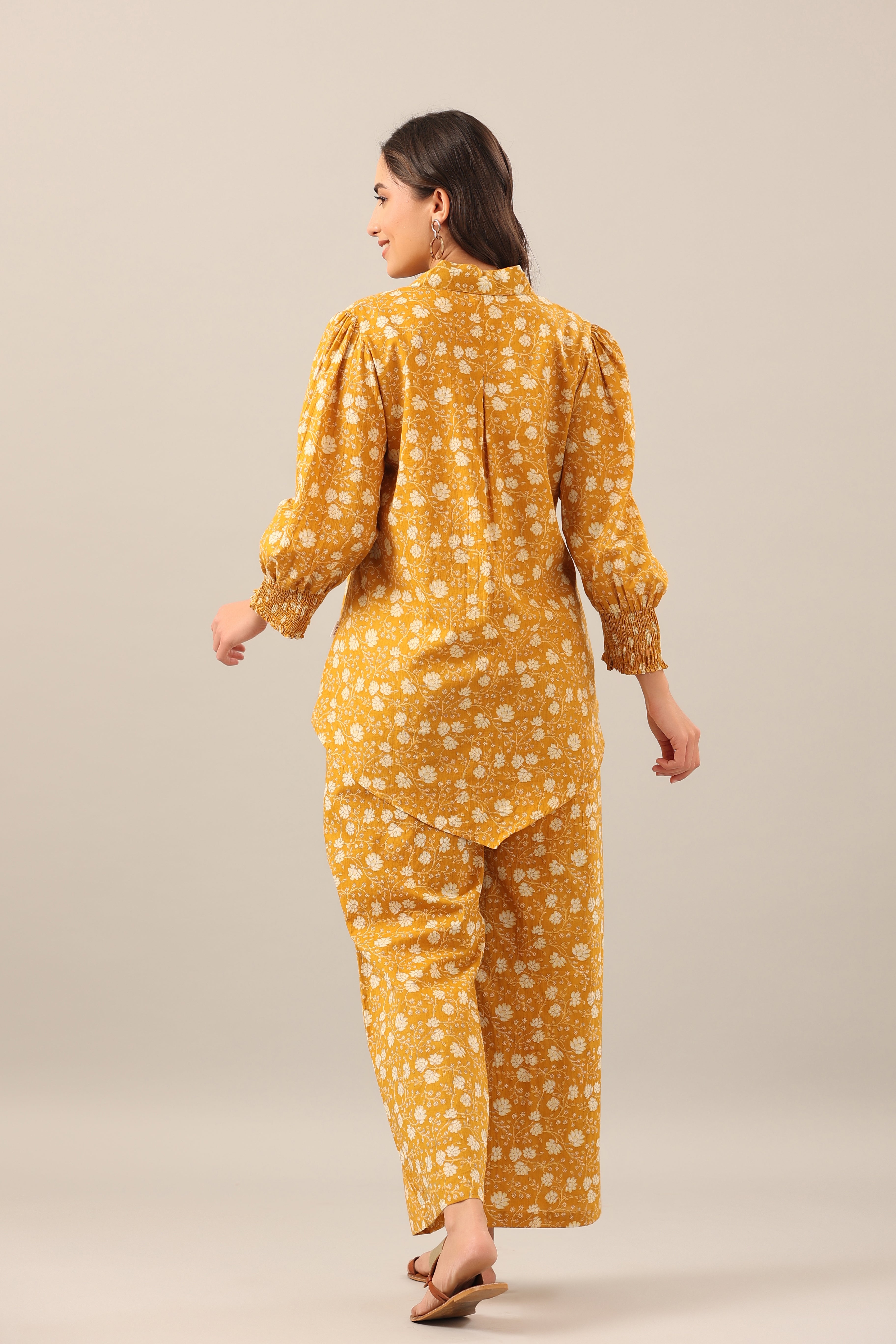 Marigold Collared Smoked Sleeves Cotton Co-ord Set