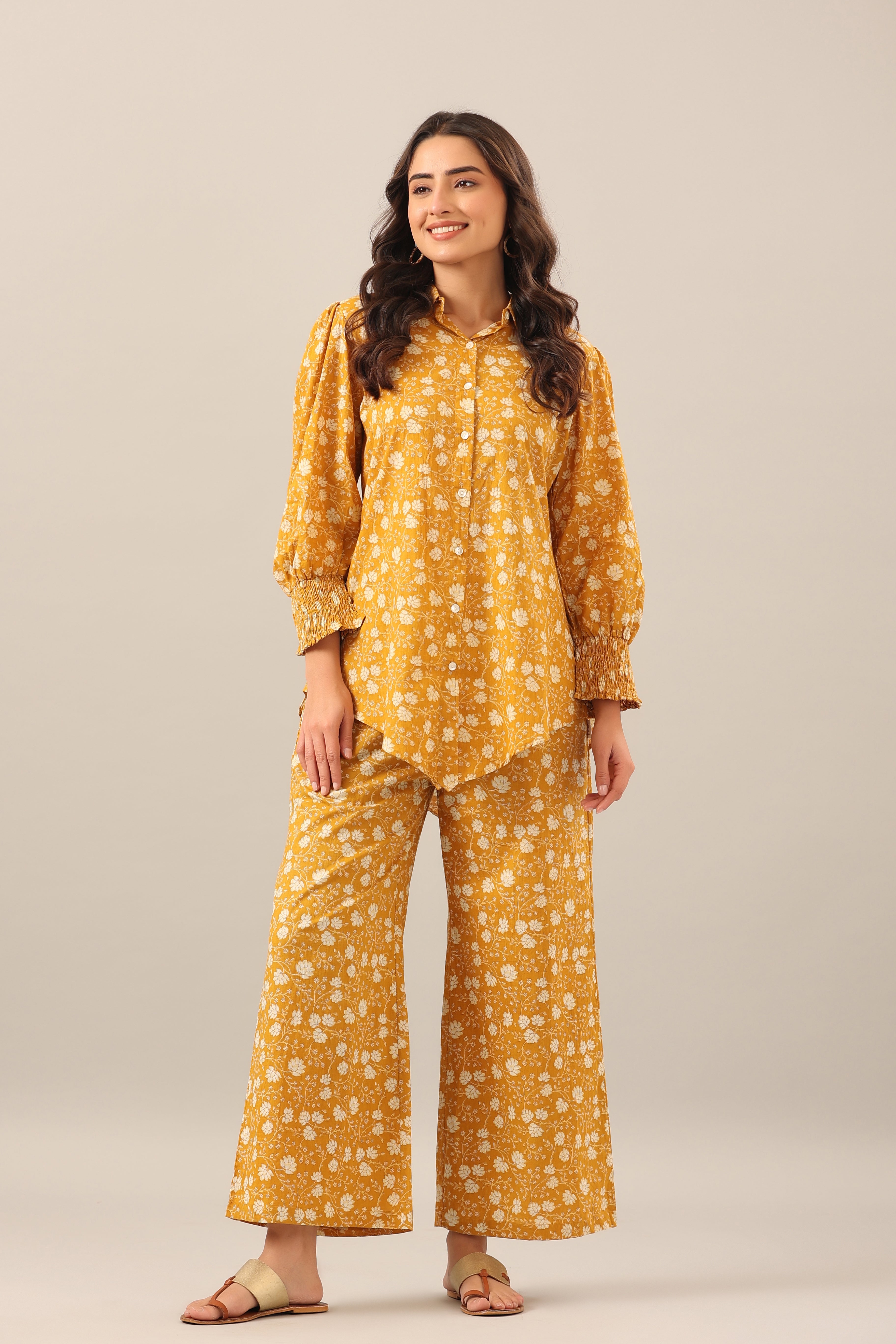 Marigold Collared Smoked Sleeves Cotton Co-ord Set