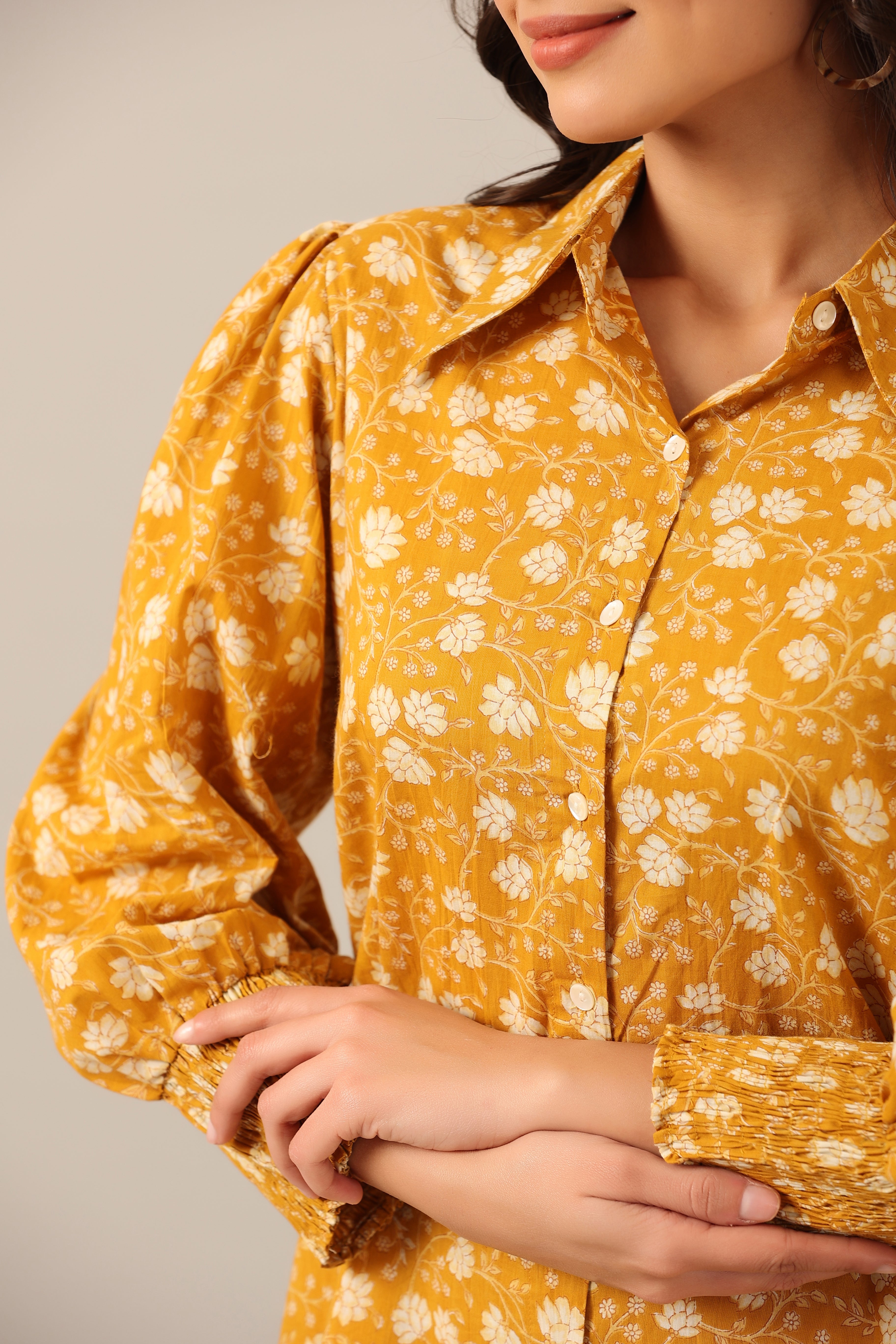 Marigold Collared Smoked Sleeves Cotton Co-ord Set