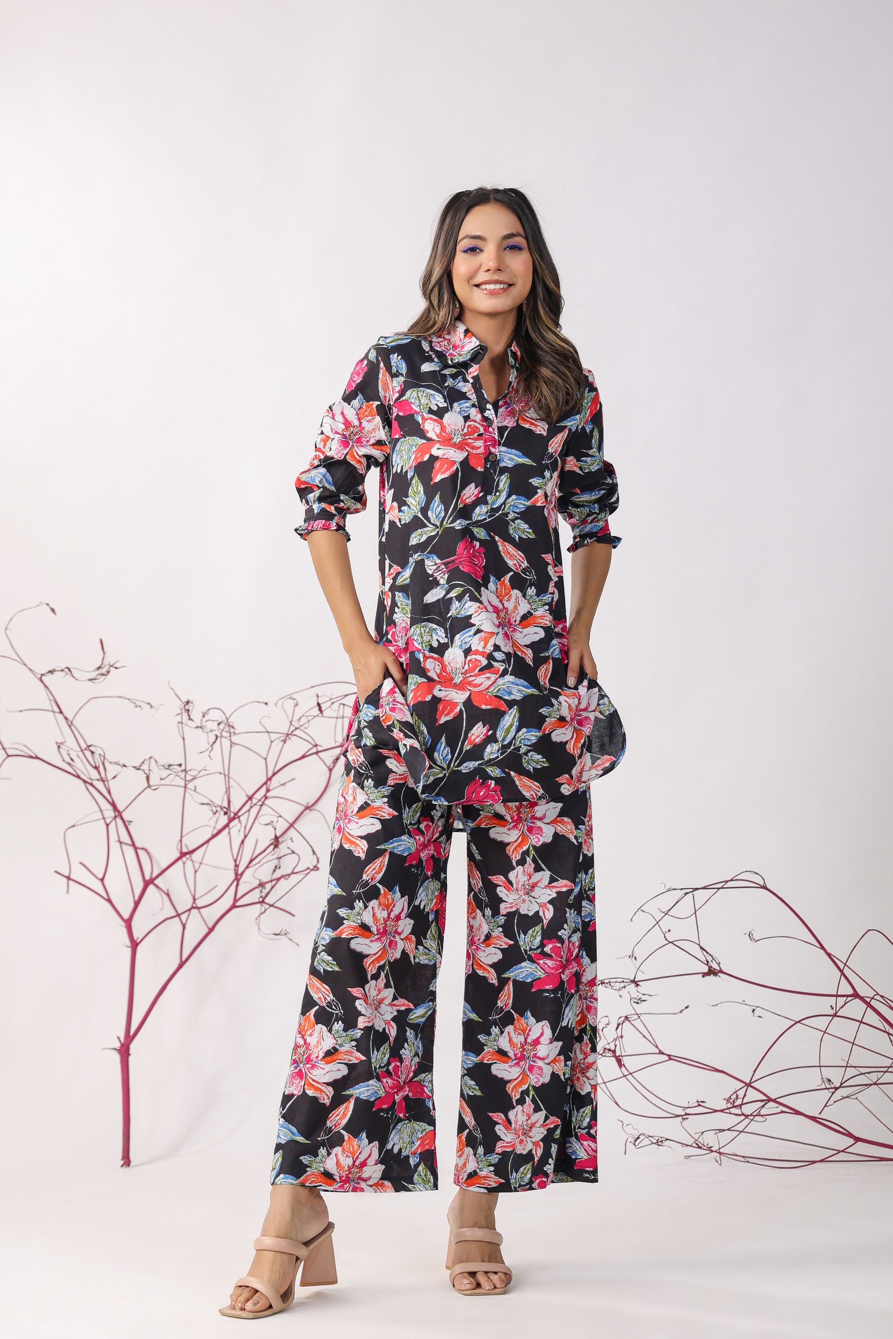 Hibiscus Black Cotton Palazzo Loungewear Set