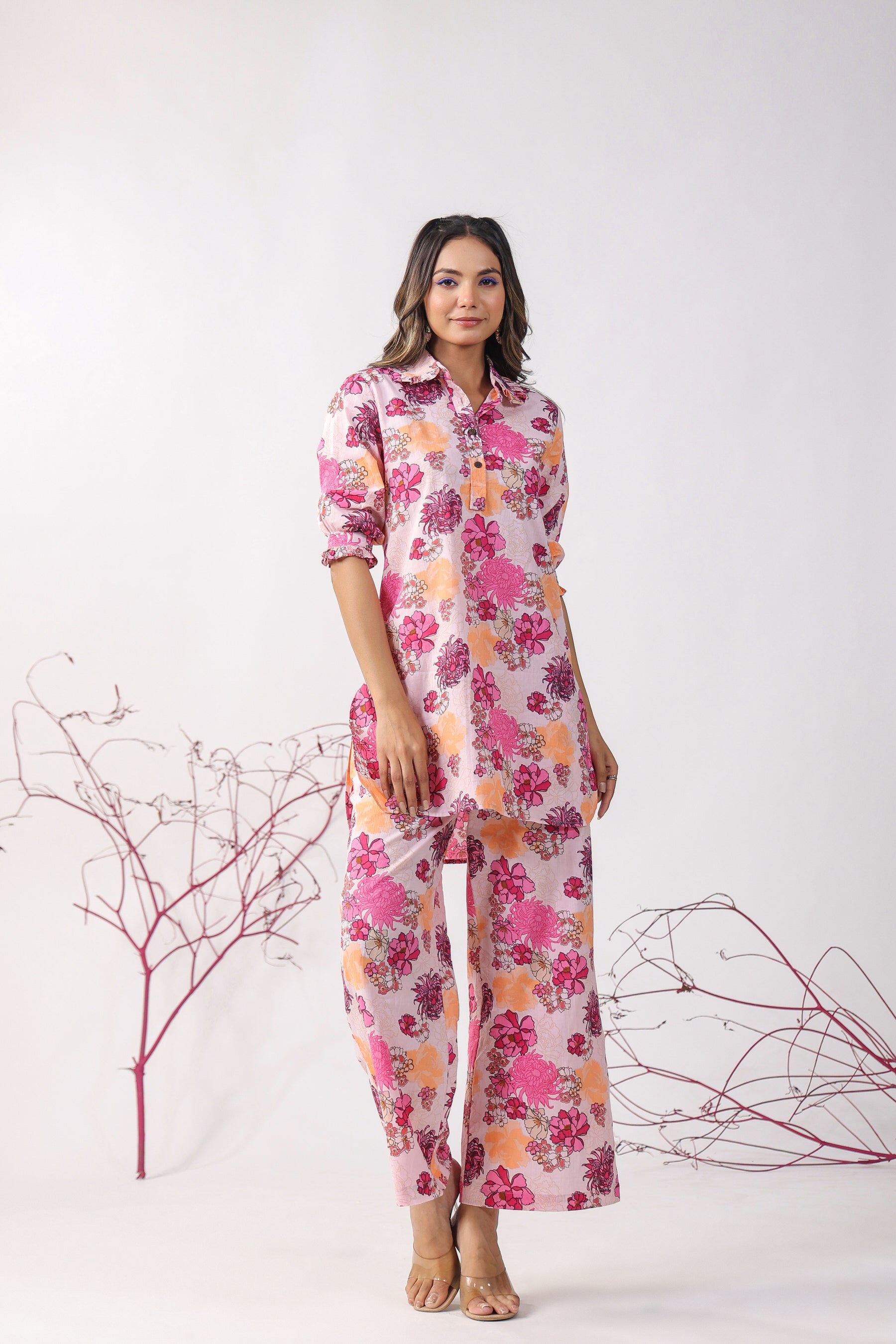 Dahlia on Pink Cotton Palazzo Loungewear Set