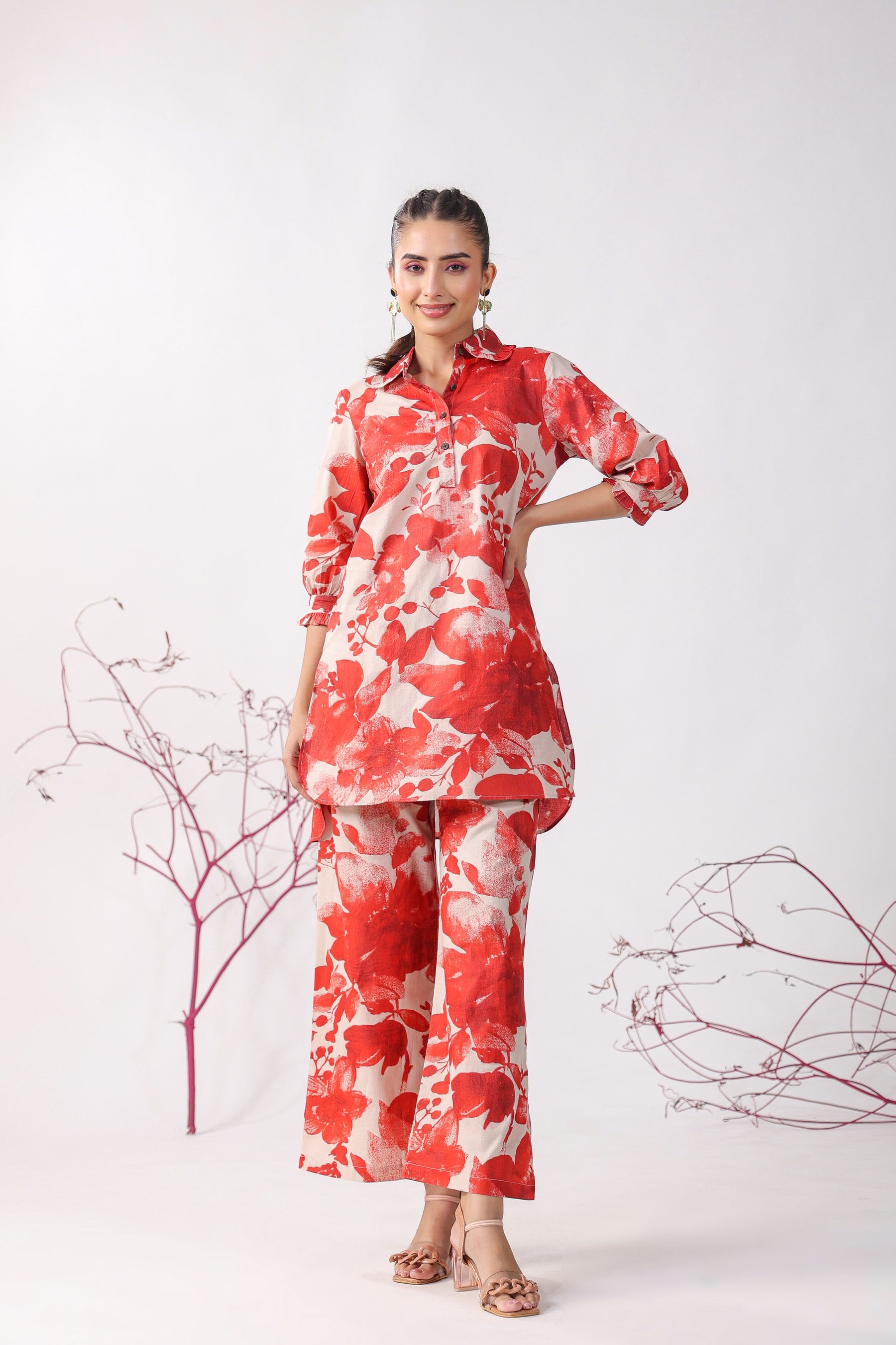 Red Roses On Beige Cotton Palazzo Loungewear Set