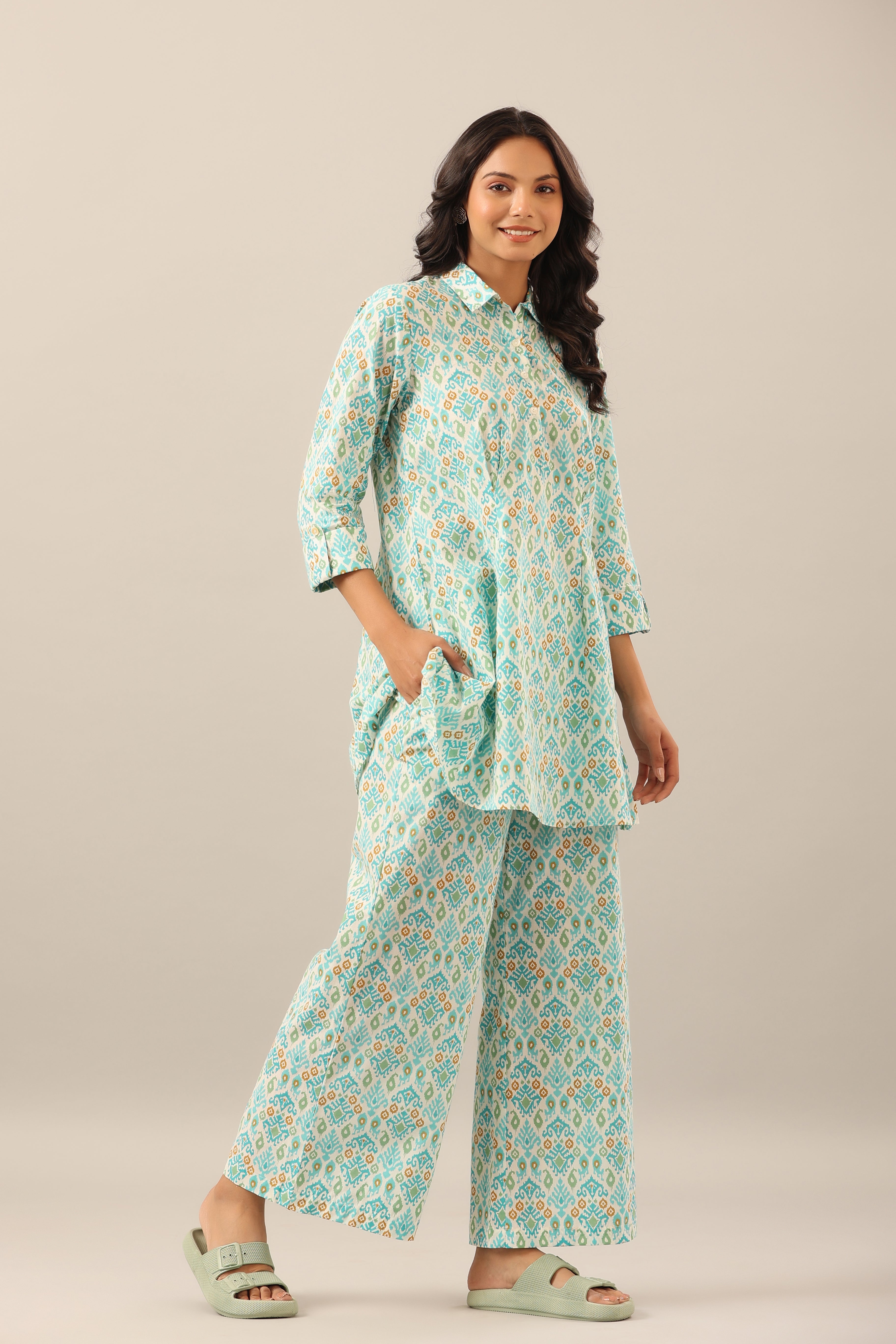Ikat on White Cotton Collared Lounge Co-ord Set