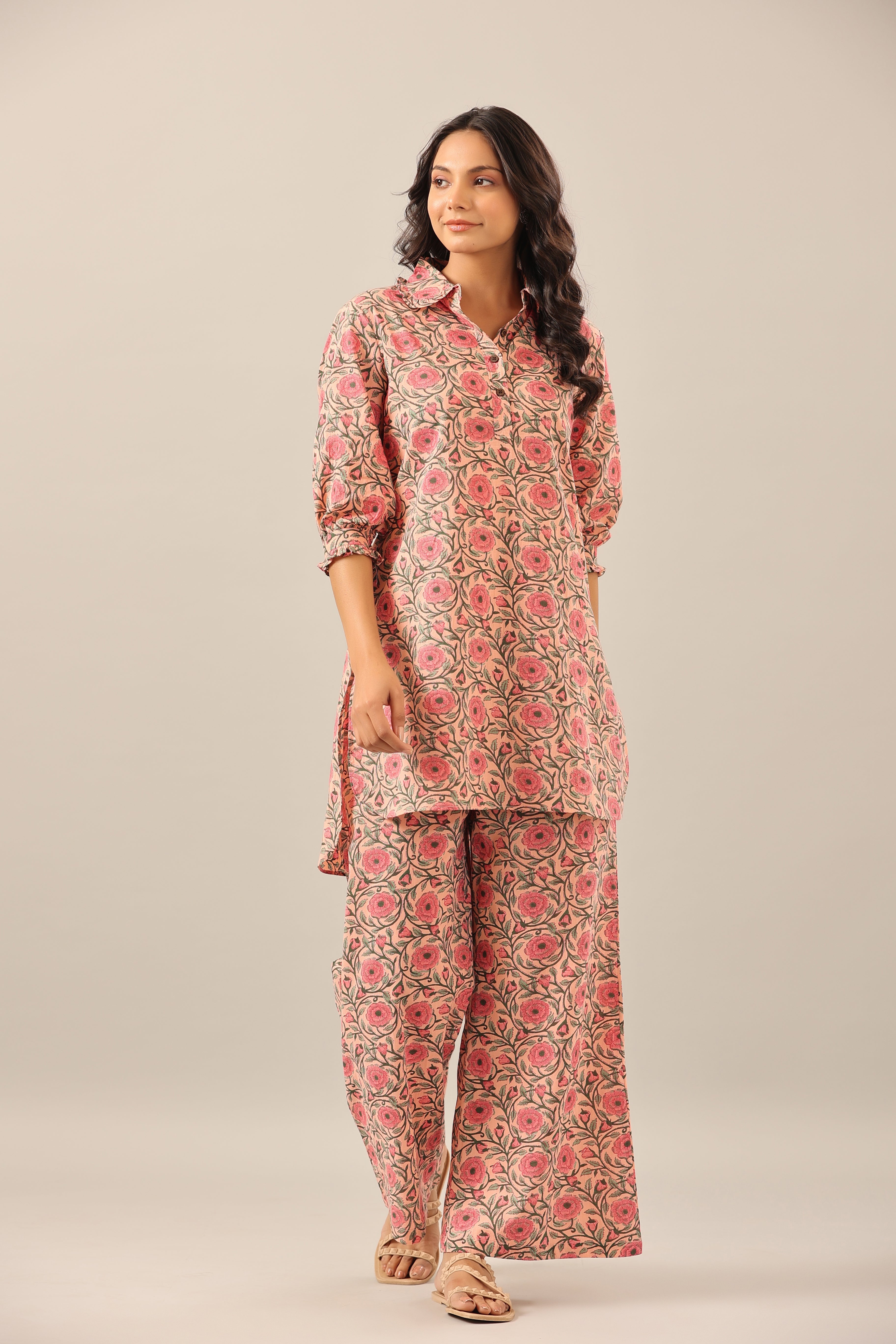 Floral Mosaic on Pink Cotton Collared Smoked Sleeves Palazzo Loungewear Set