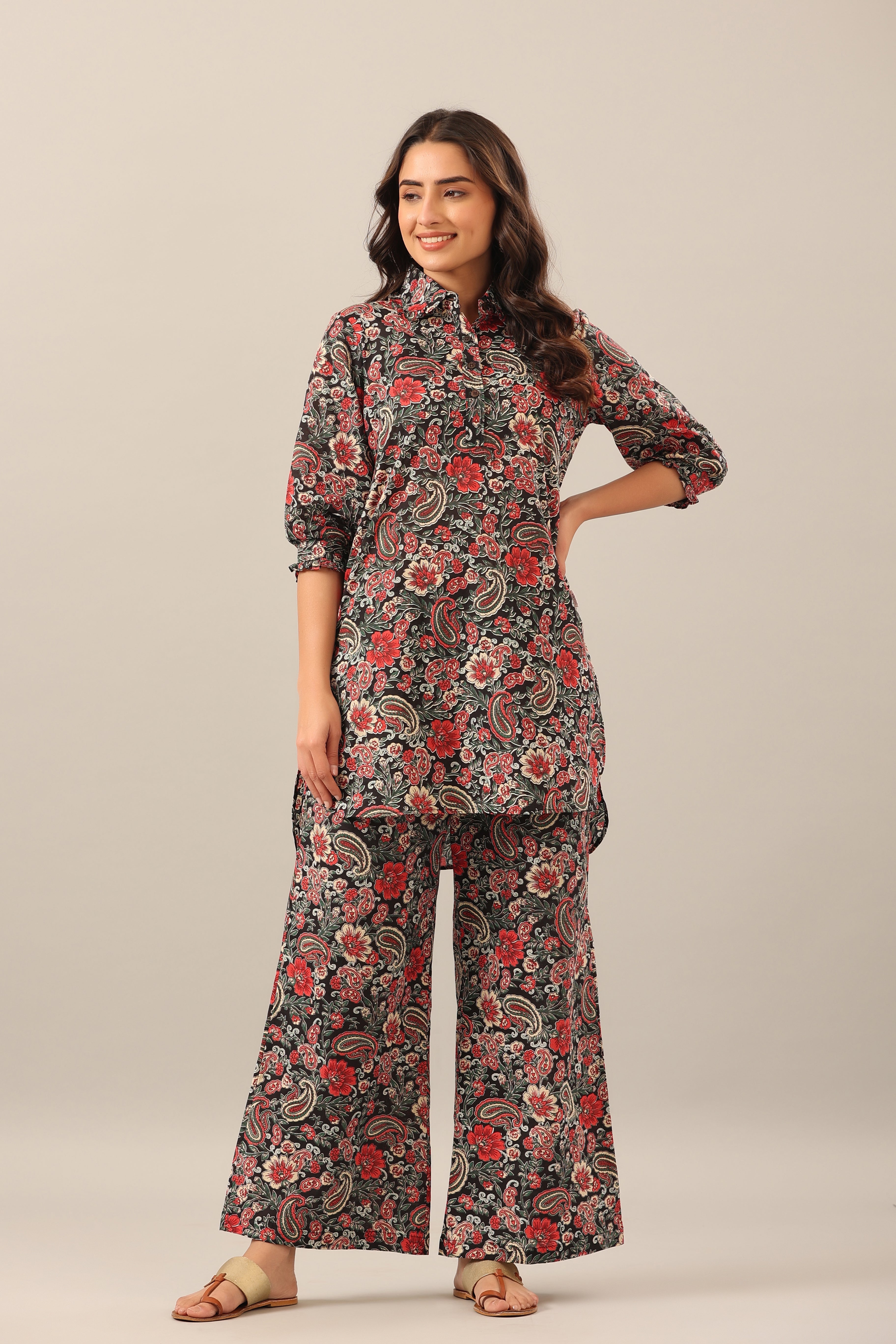 Paisley Park on Black Collared Cotton Smoked Sleeves Palazzo Loungewear Set