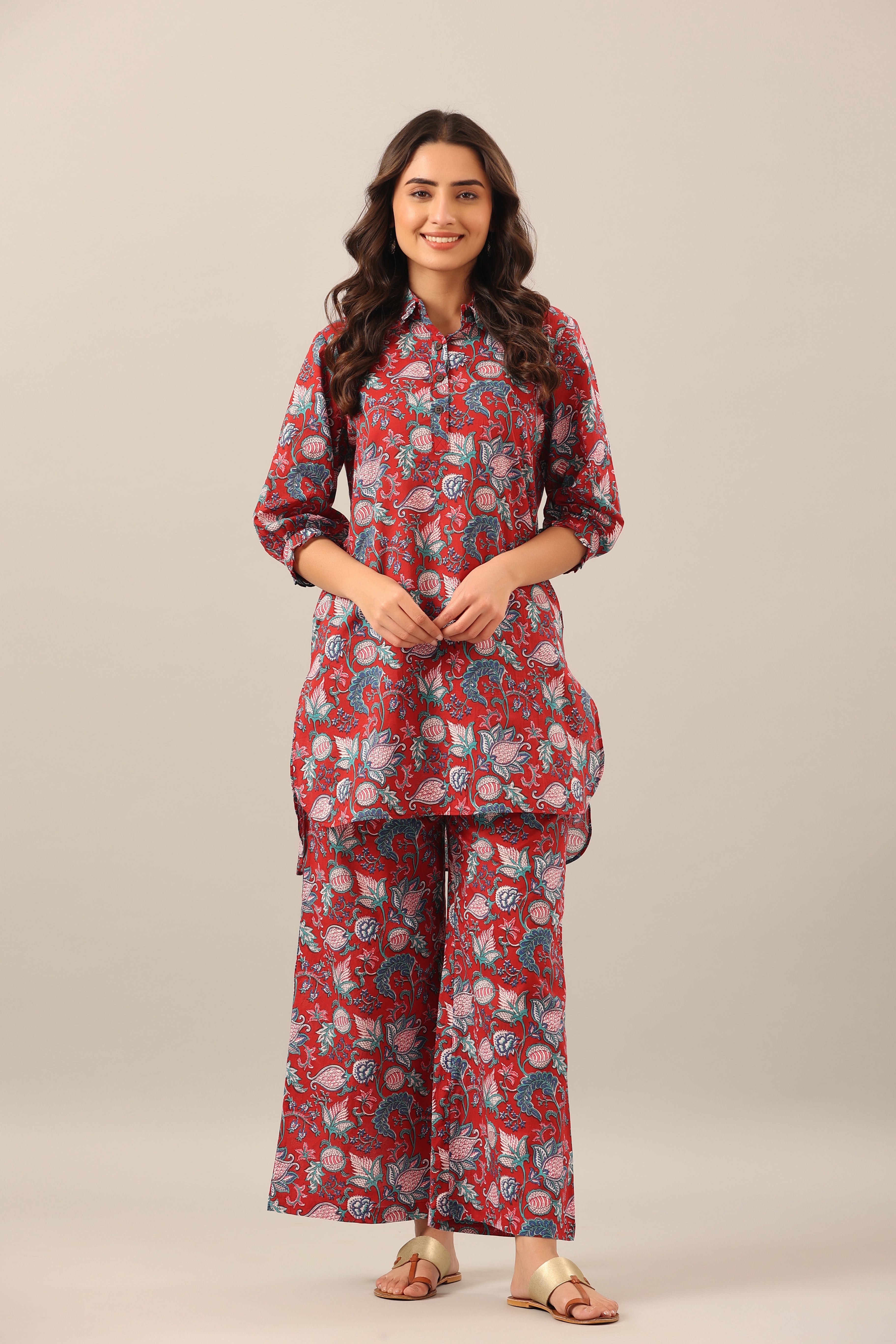 Floral Garden on Maroon Collared Cotton Smoked Sleeves Palazzo Loungewear Set