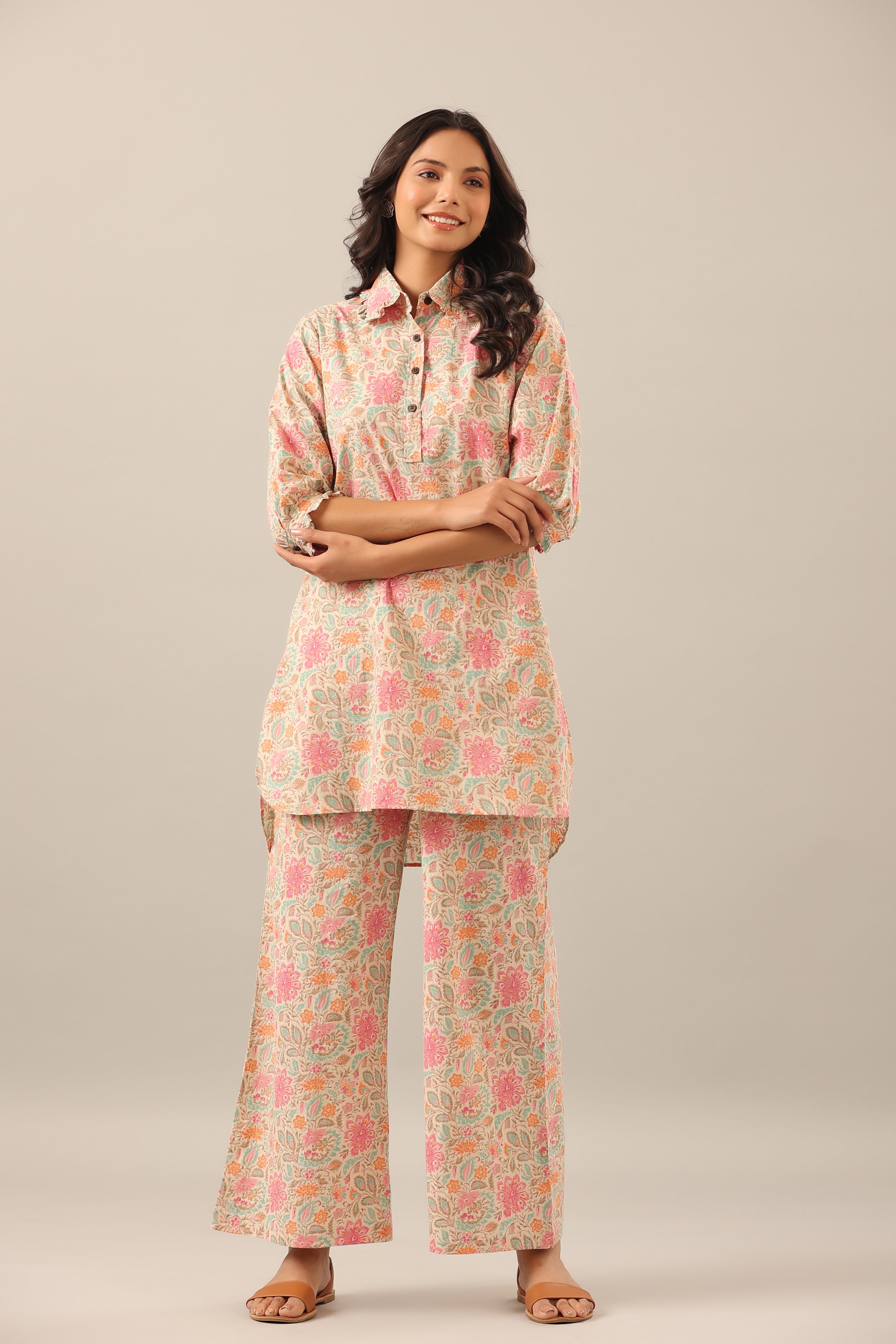 Pastel Jaal on Peach Cotton Collared Smoked Sleeves Palazzo Loungewear Set