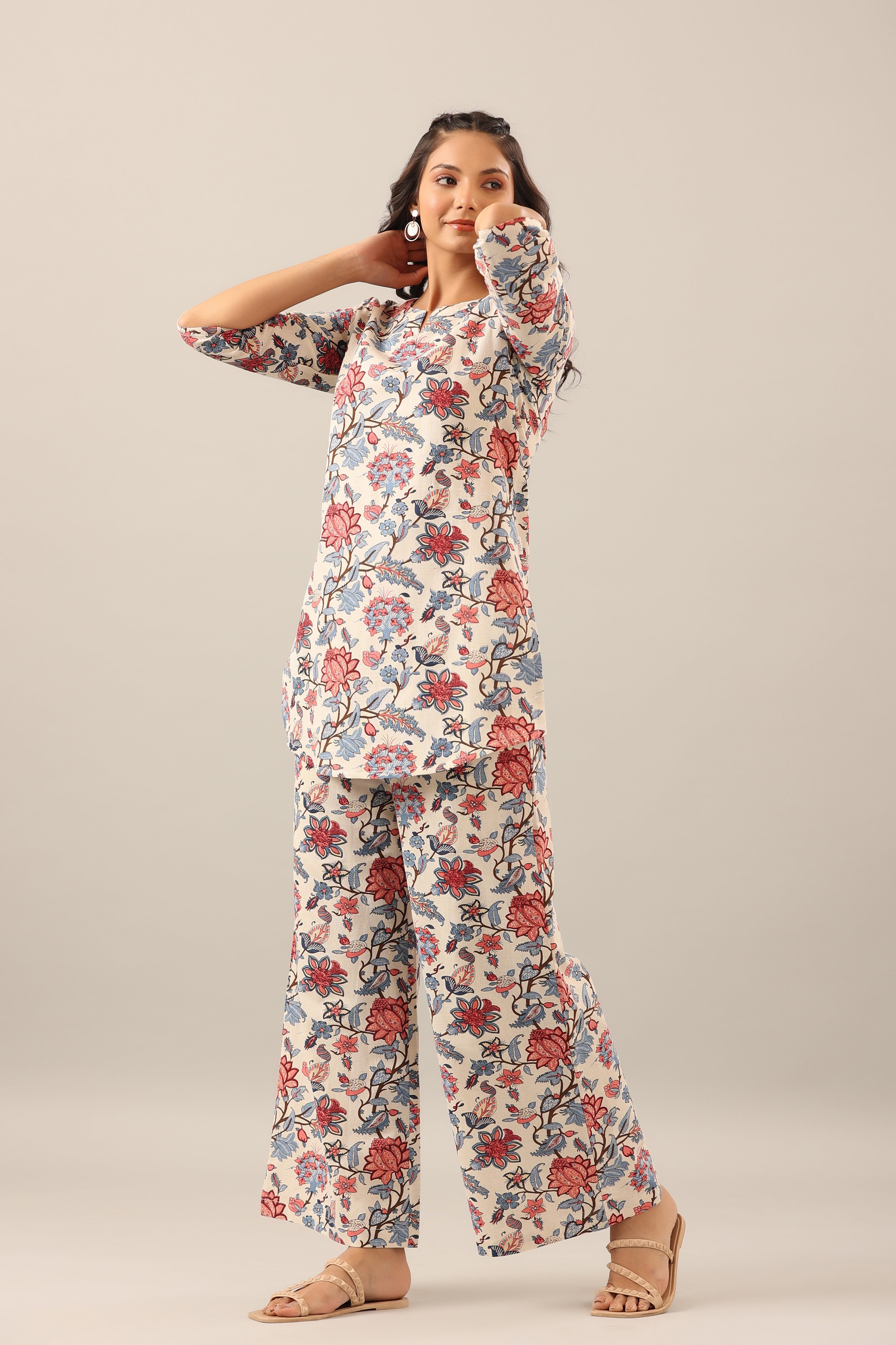 Marine Floral on Off White Cotton Flex Palazzo Loungewear Set