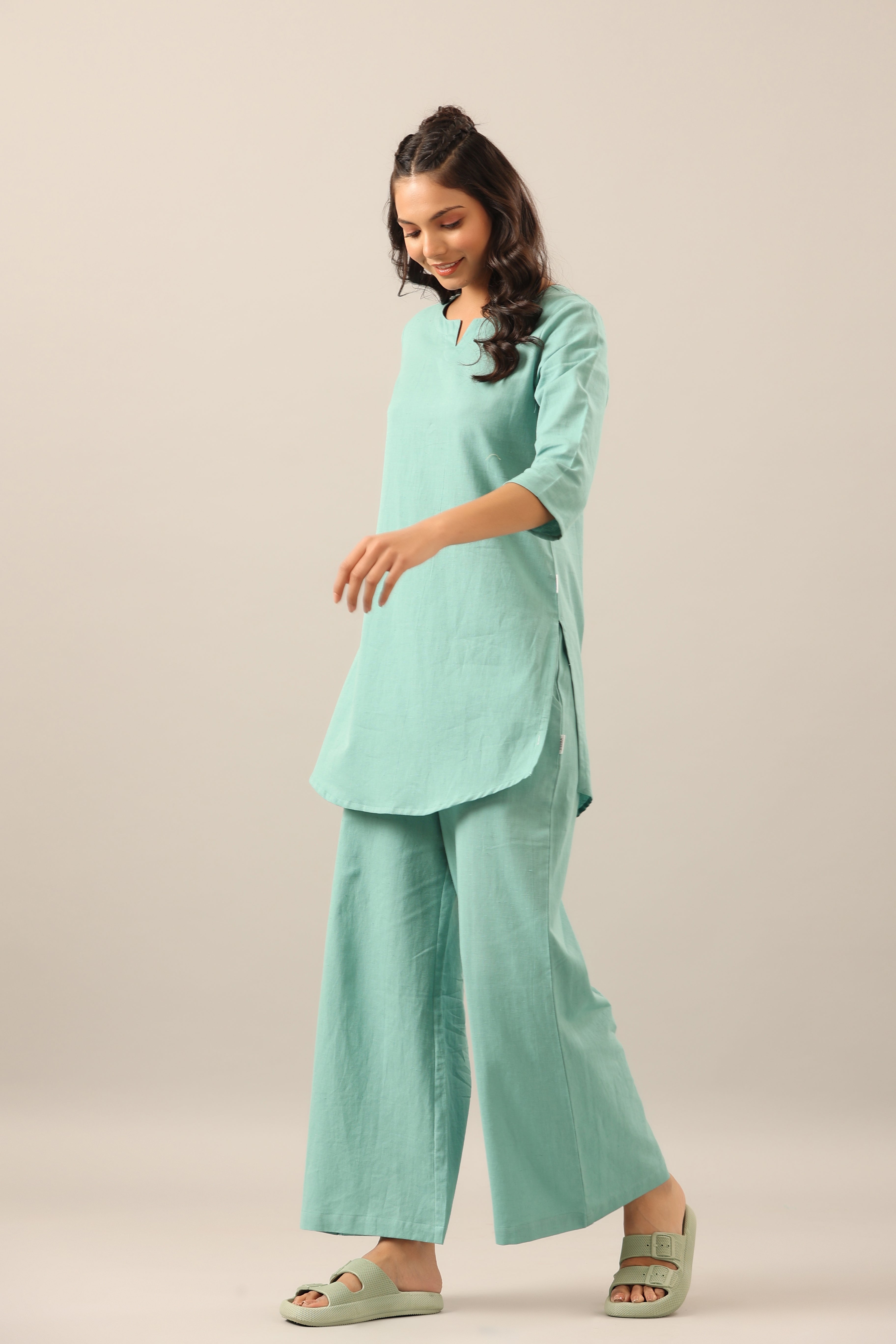 Solid Turquoise Cotton Flex Palazzo Loungewear Set