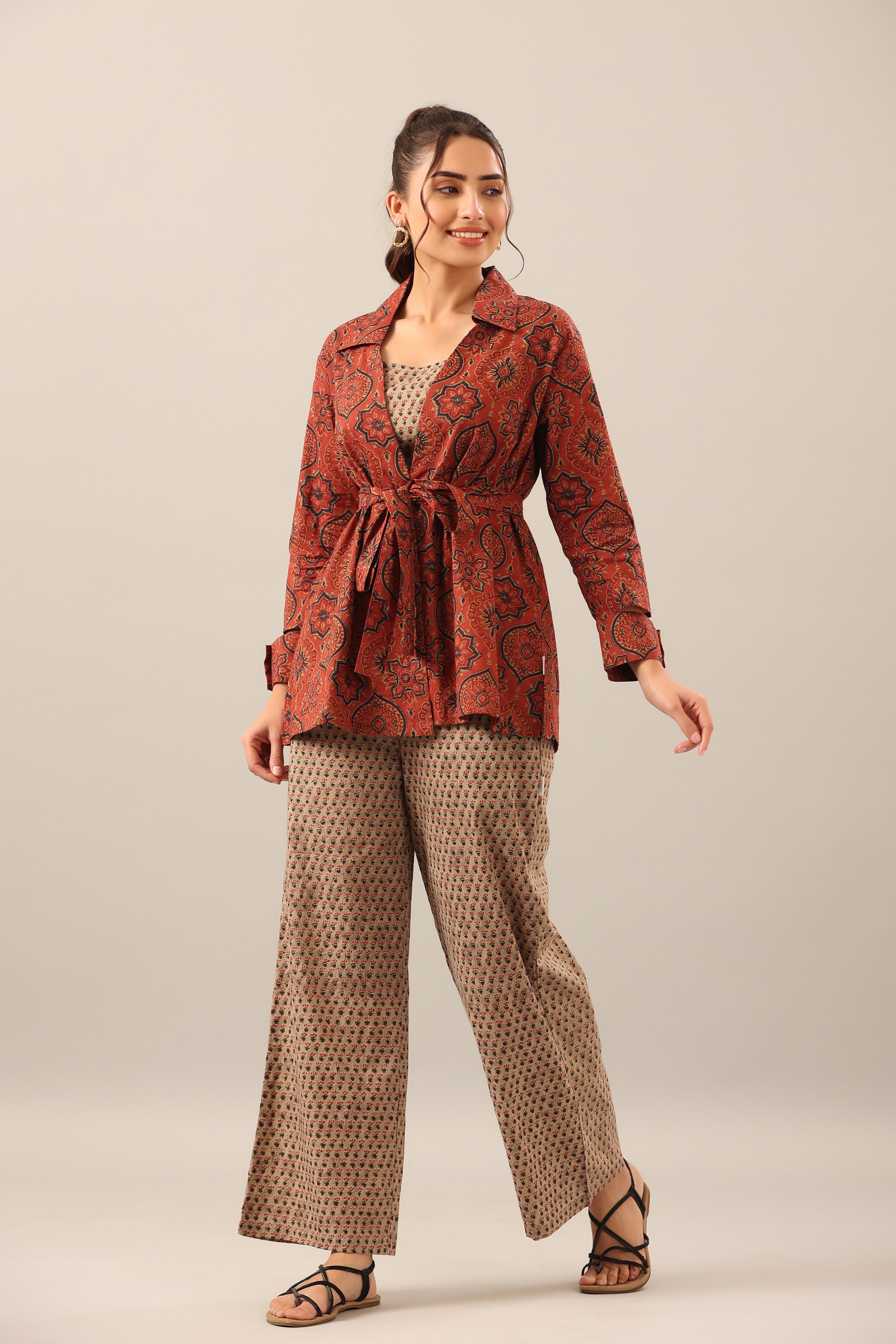 Maroon and Green Ajrakh Cotton Print Three piece Shrug Set