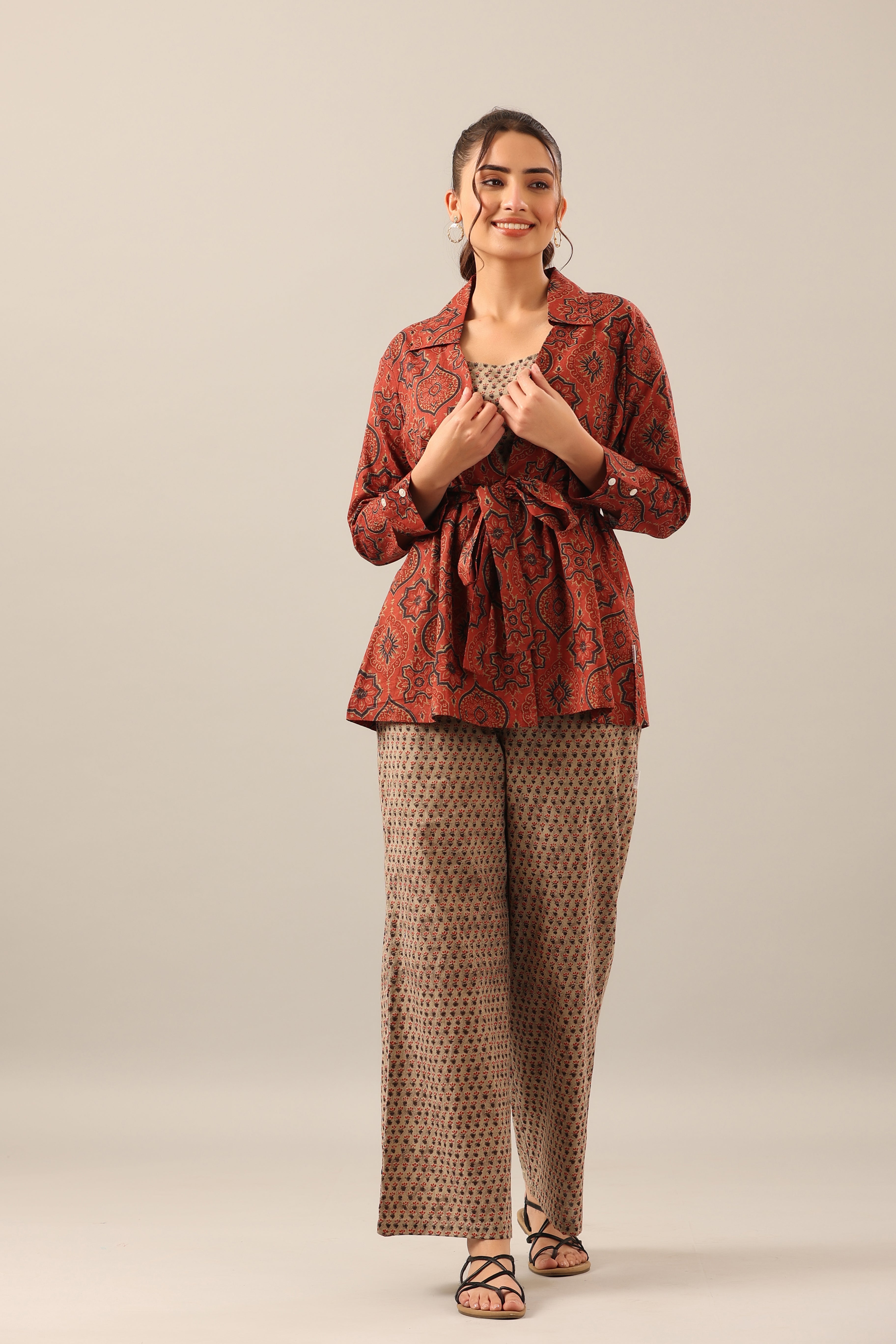 Maroon and Green Ajrakh Cotton Print Three piece Shrug Set