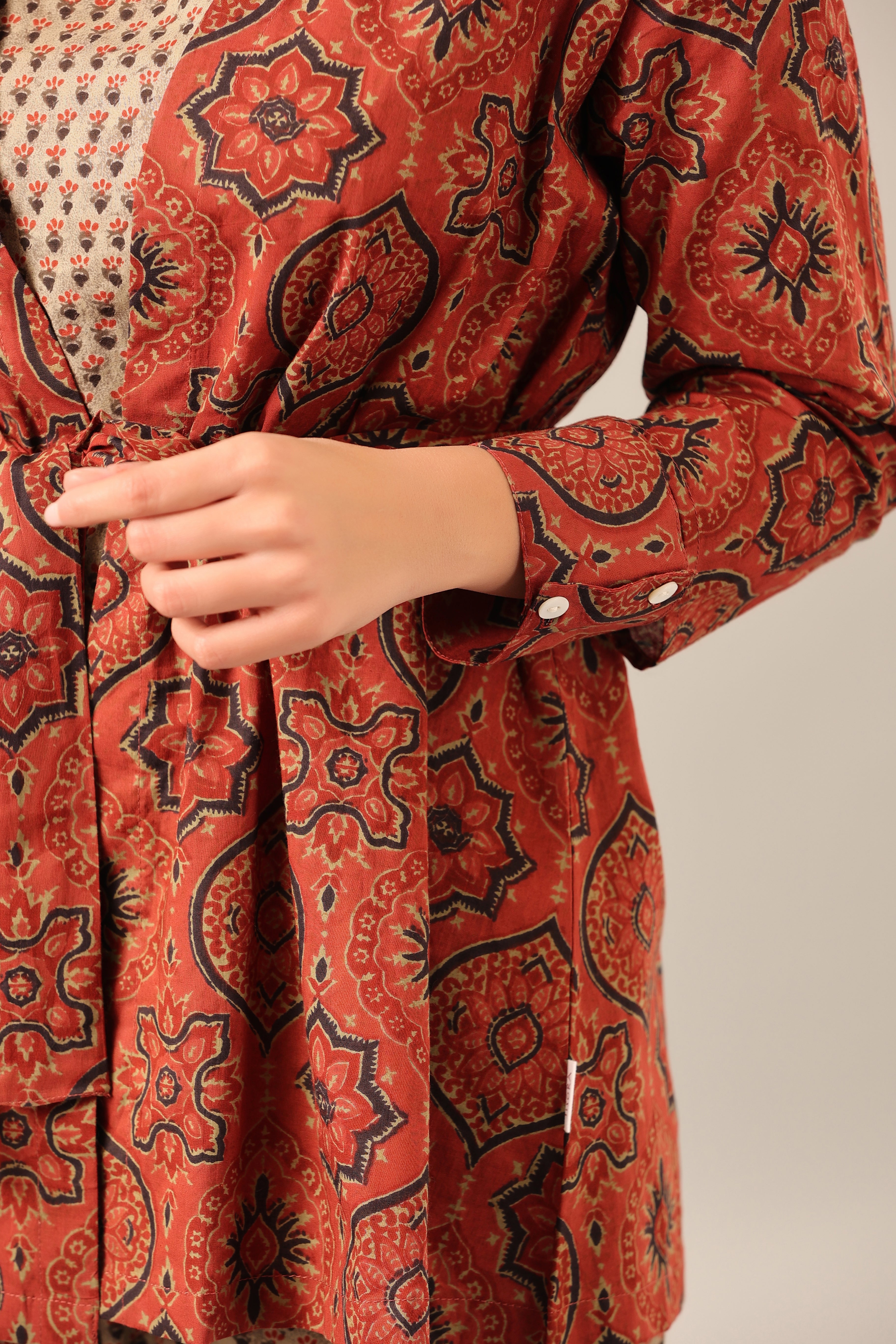 Maroon and Green Ajrakh Cotton Print Three piece Shrug Set