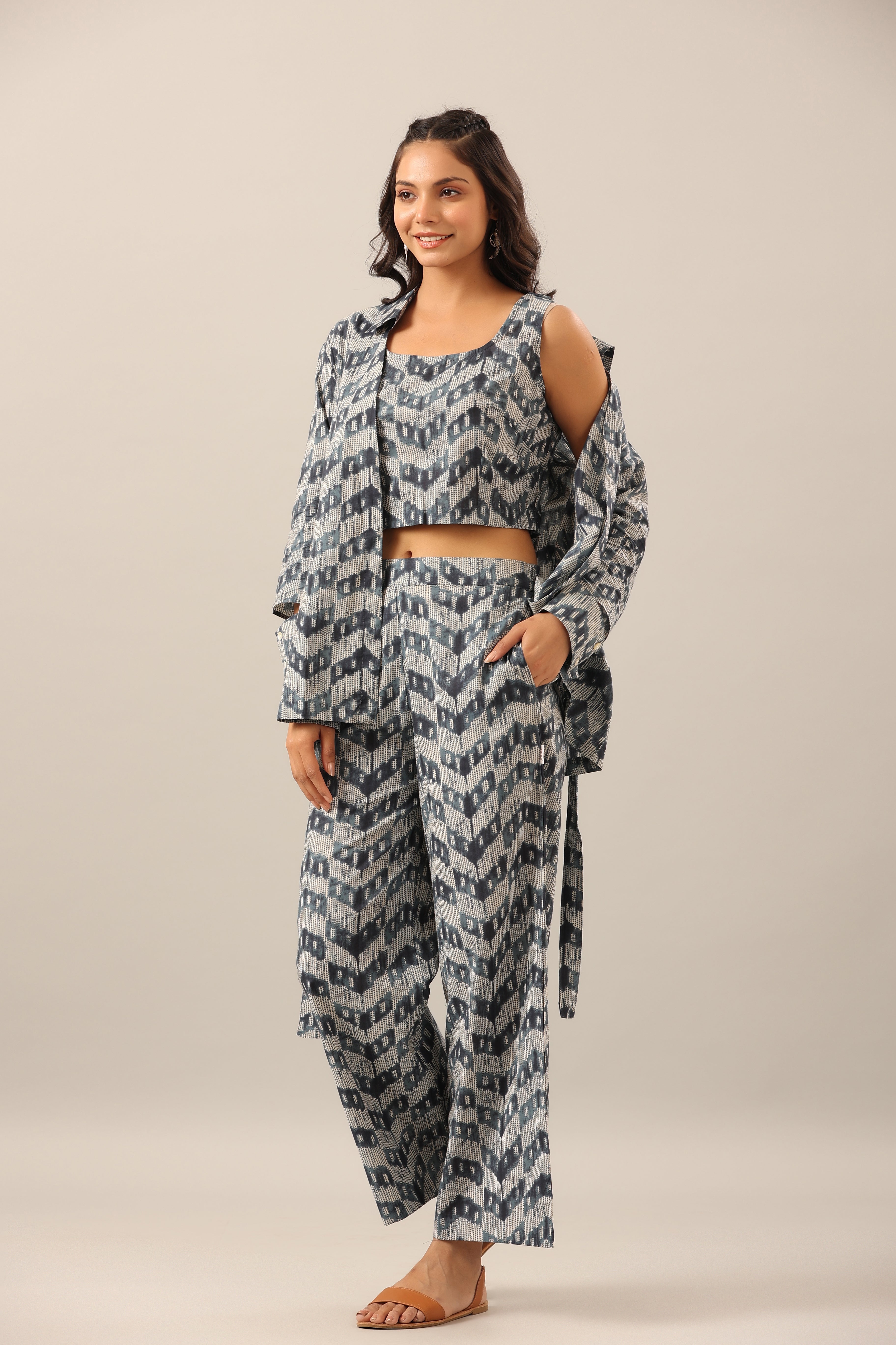 Blue Shibori on Cotton Three piece Shrug Set