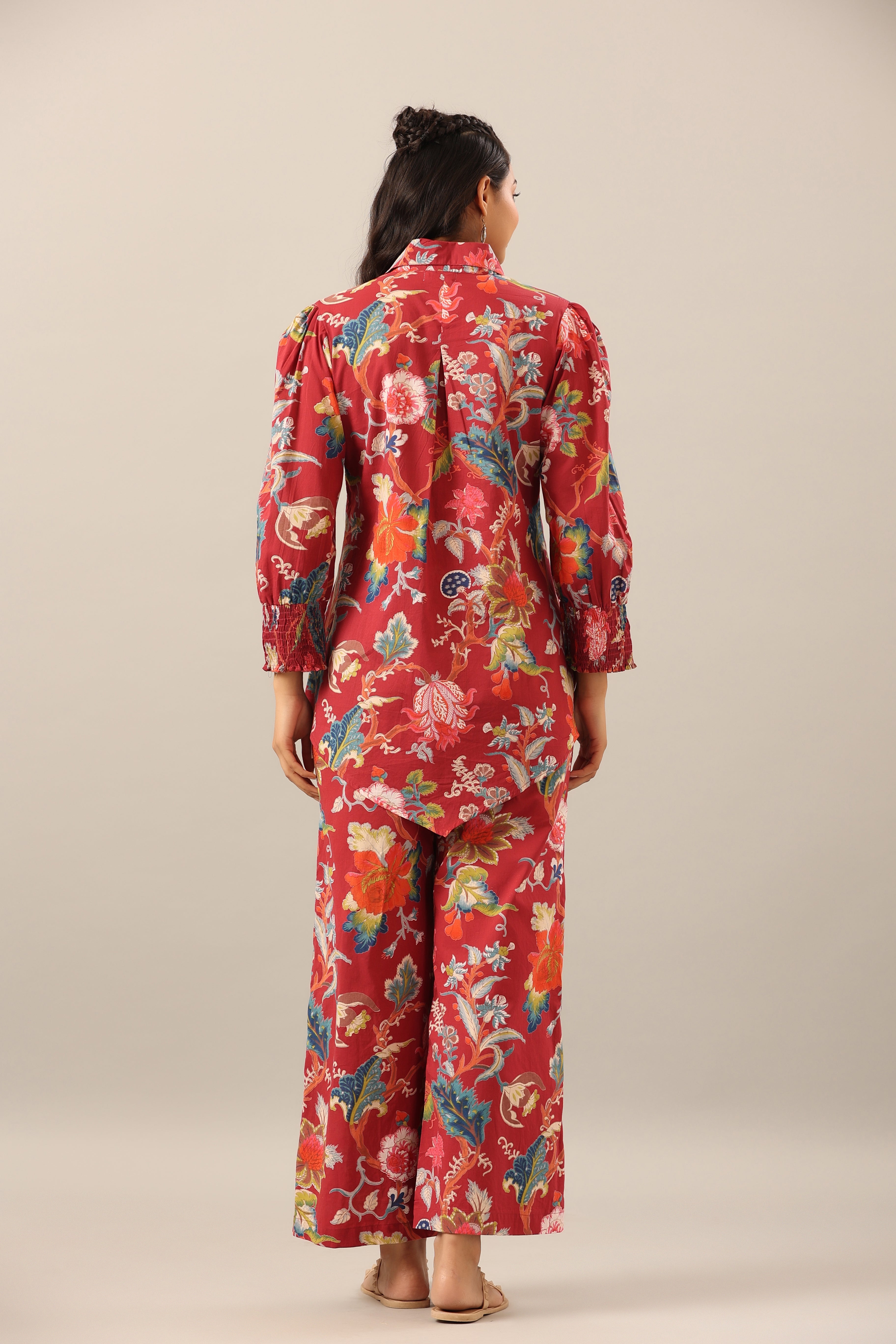 Floral Jaal on Maroon Collared Smoked Sleeves Cotton Co-ord Set