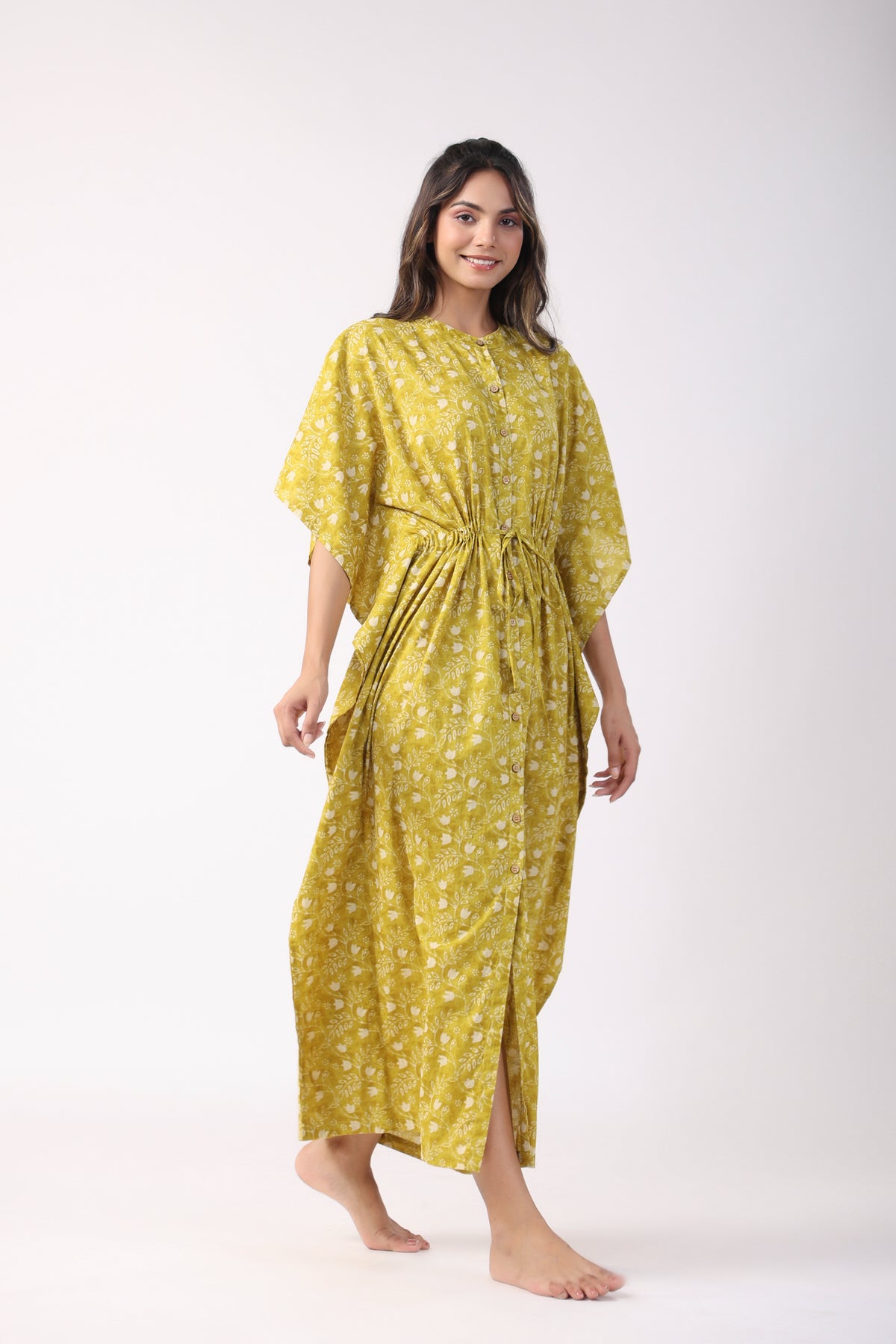 Lime Lattice Cotton Front Buttoned Kaftan