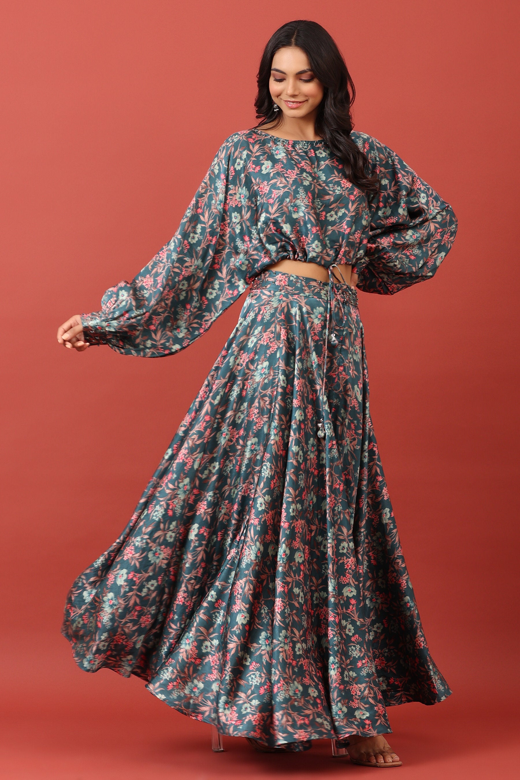 Floral Canopy On Blue Pure Satin Russian Silk Co-ord Set