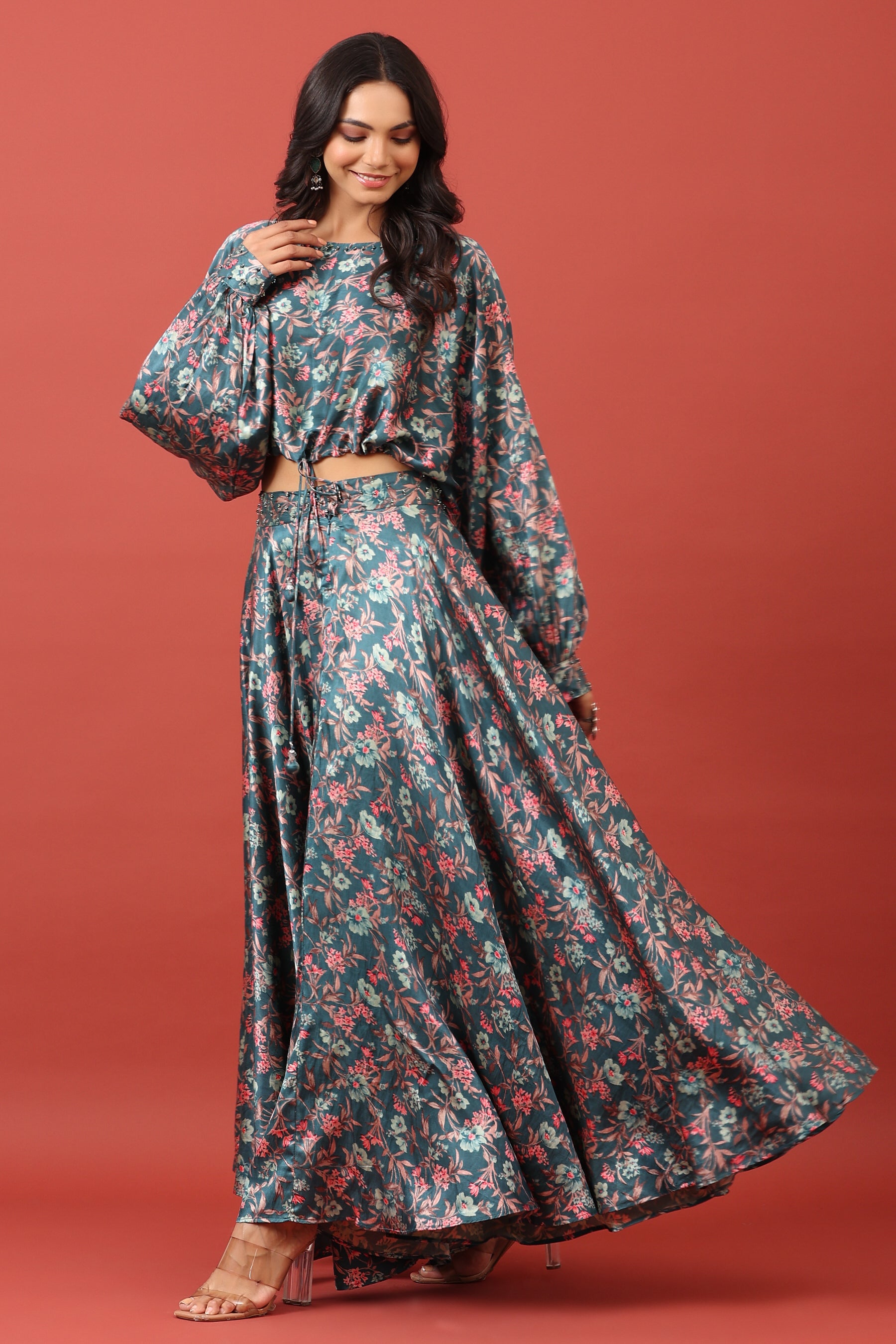 Floral Canopy On Blue Pure Satin Russian Silk Co-ord Set