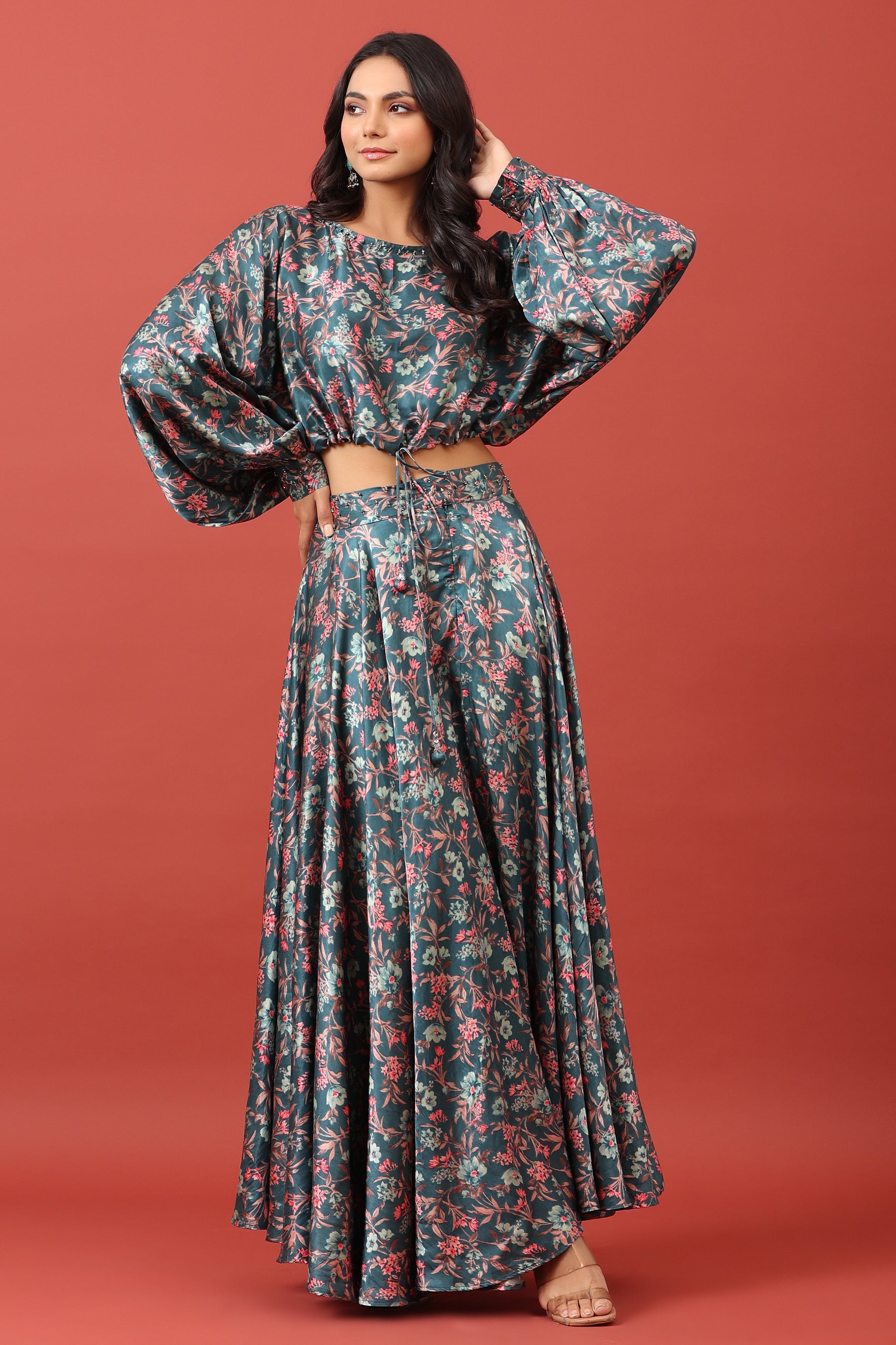 Floral Canopy On Blue Pure Satin Russian Silk Co-ord Set