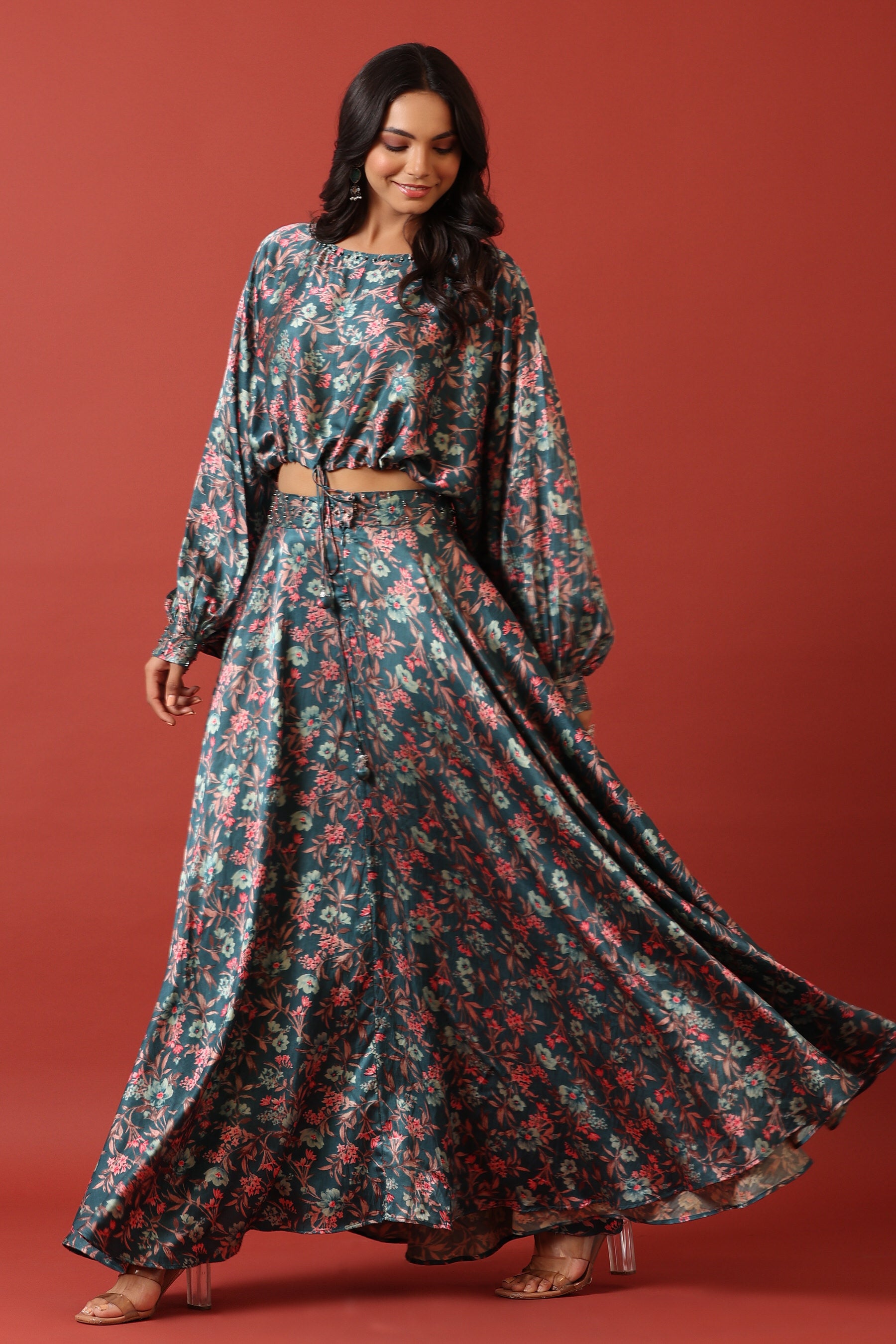 Floral Canopy On Blue Pure Satin Russian Silk Co-ord Set